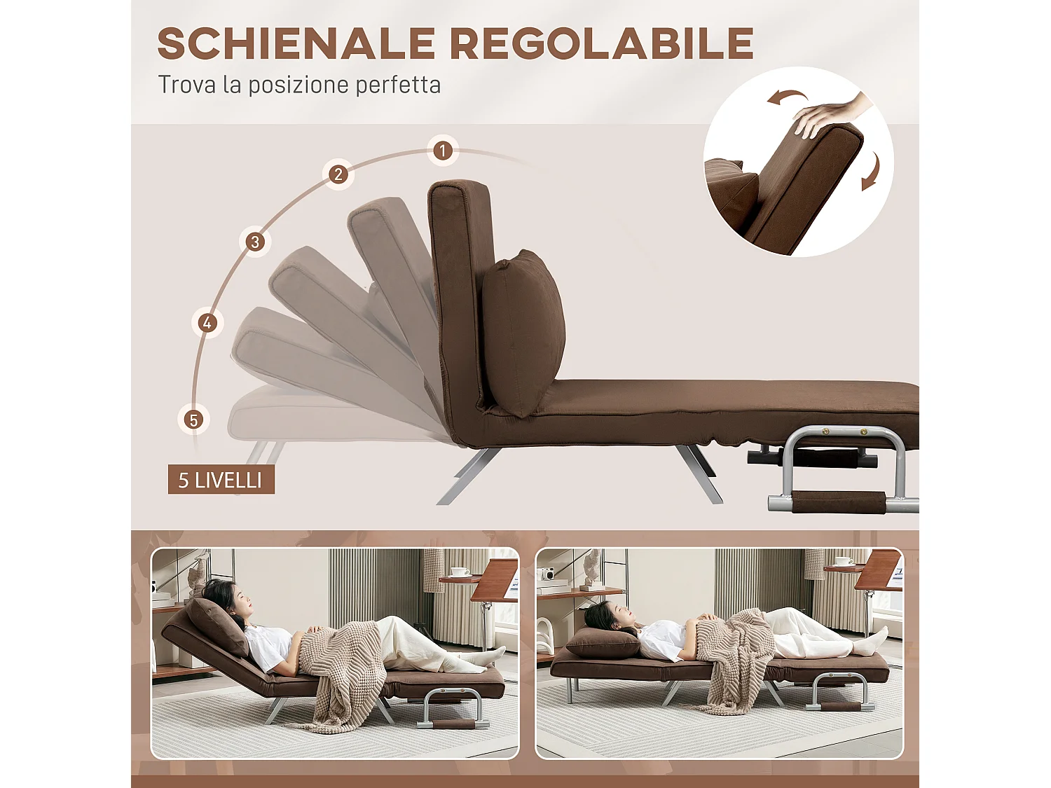 Poltrona letto con schienale reclinabile su 5 posizioni marrone