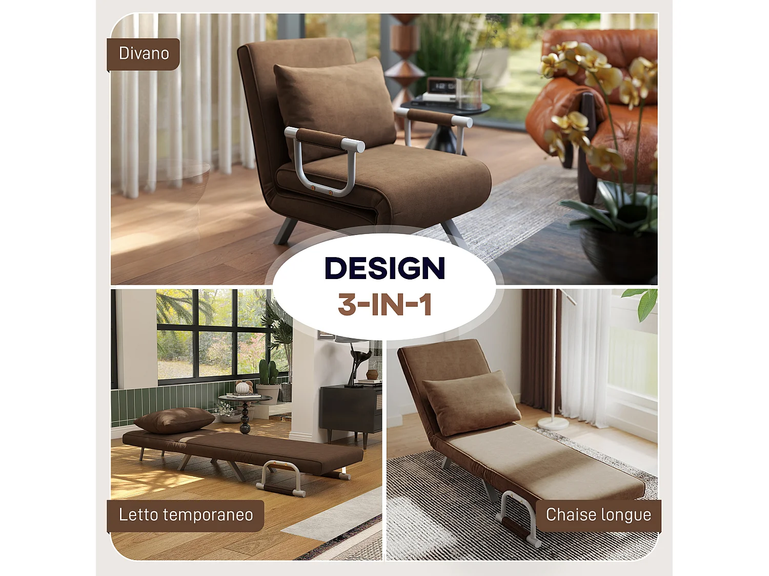 Poltrona letto con schienale reclinabile su 5 posizioni marrone