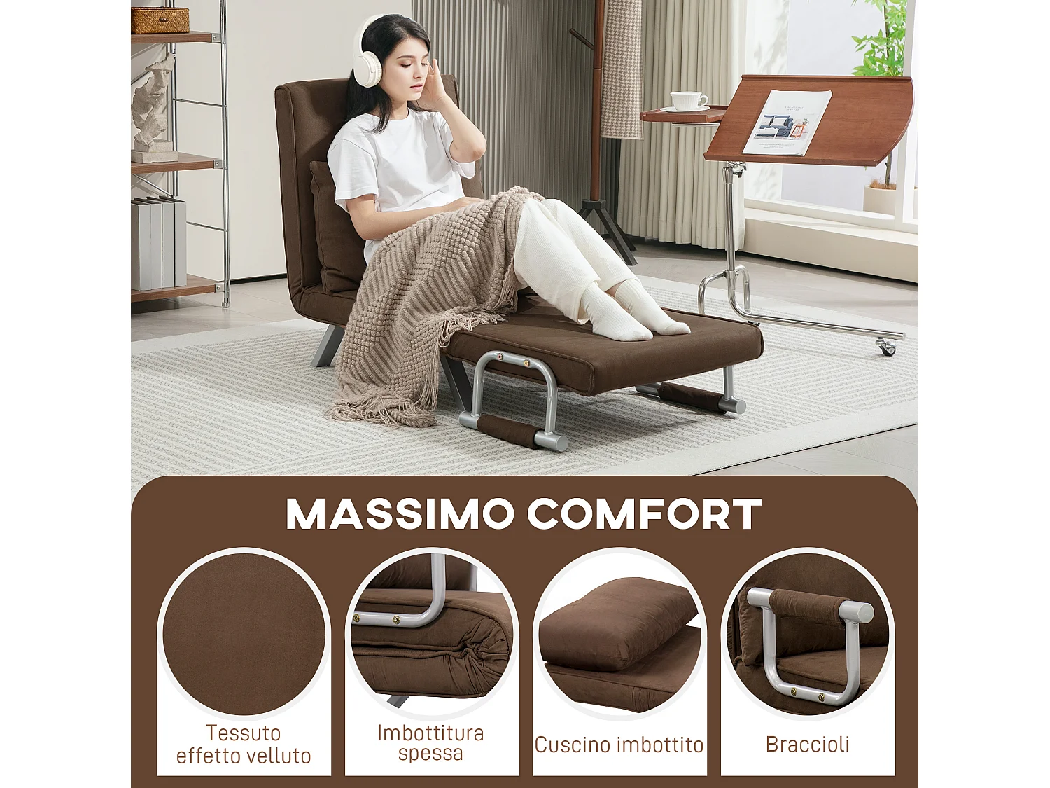 Poltrona letto con schienale reclinabile su 5 posizioni marrone
