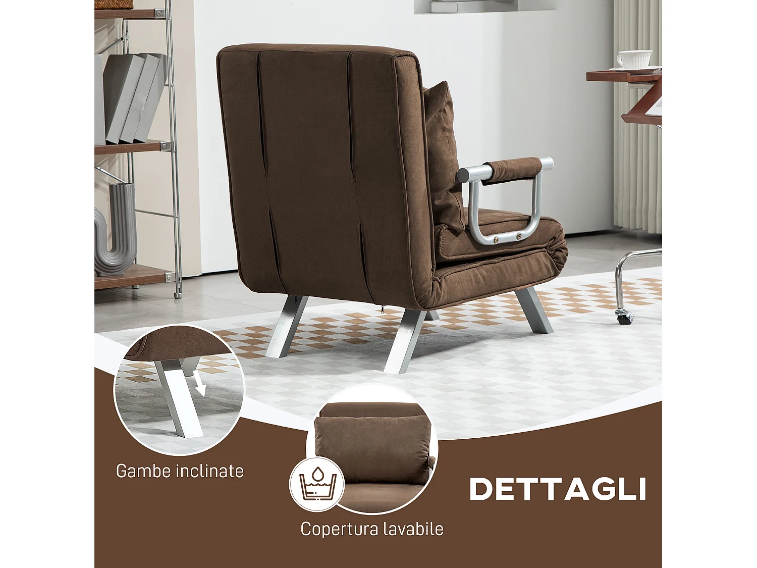 Poltrona letto con schienale reclinabile su 5 posizioni marrone