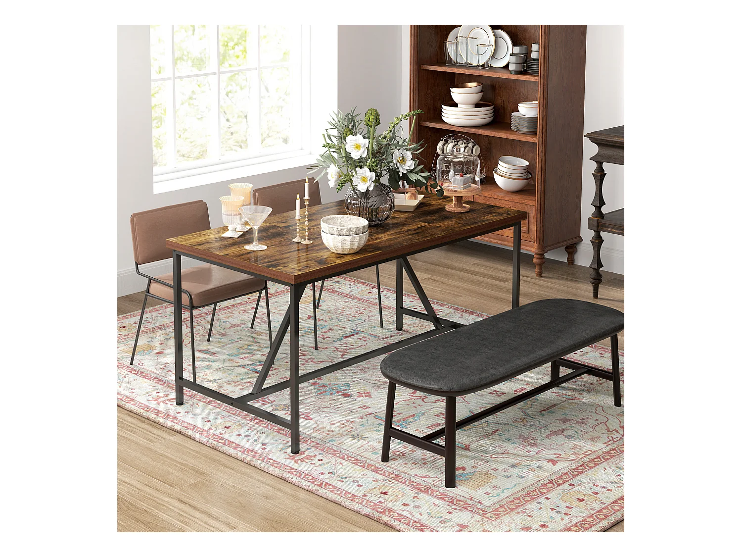 Tavolo da pranzo 6 posti stile industriale in legno e acciaio marrone