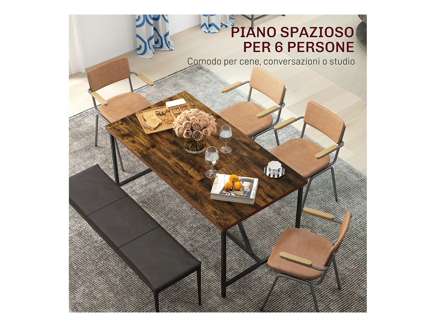 Tavolo da pranzo 6 posti stile industriale in legno e acciaio marrone