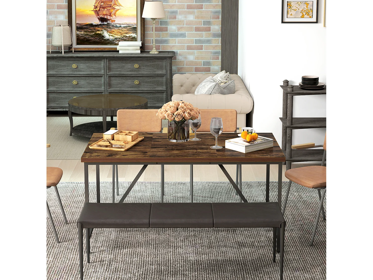 Tavolo da pranzo 6 posti stile industriale in legno e acciaio marrone