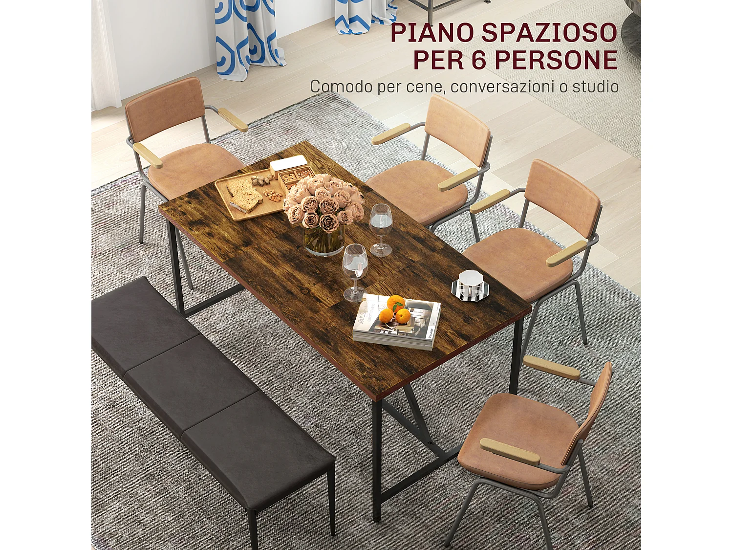 Tavolo da pranzo 6 posti stile industriale in legno e acciaio marrone