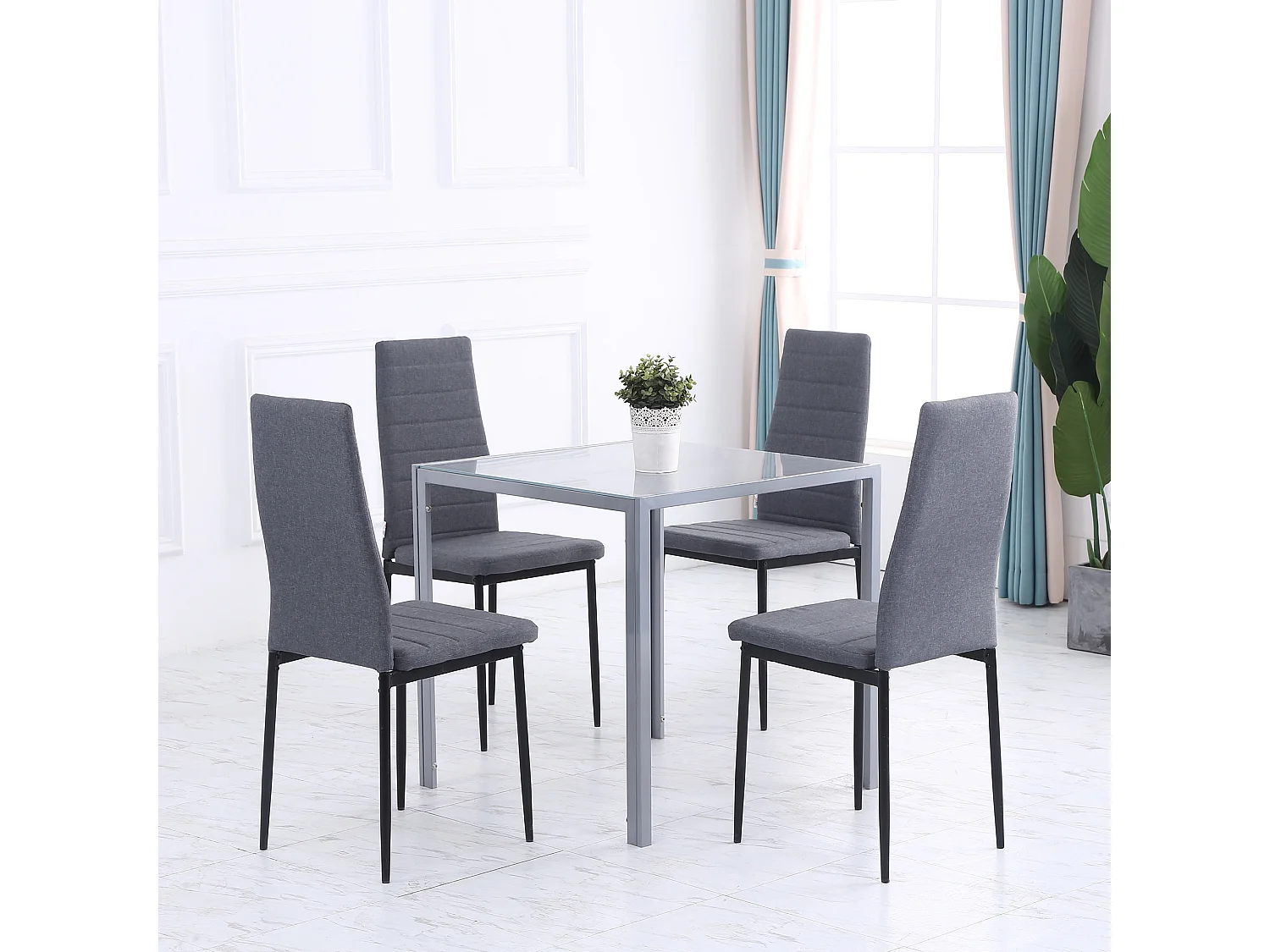 Tavolo da pranzo quadrato in metallo e vetro 75x75x75cm grigio