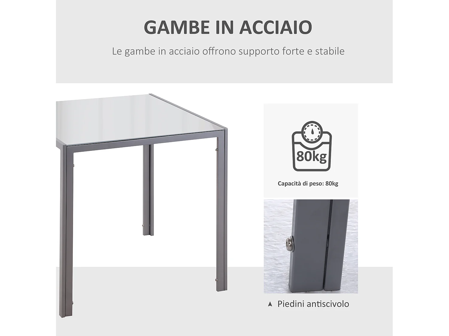 Tavolo da pranzo quadrato in metallo e vetro 75x75x75cm grigio