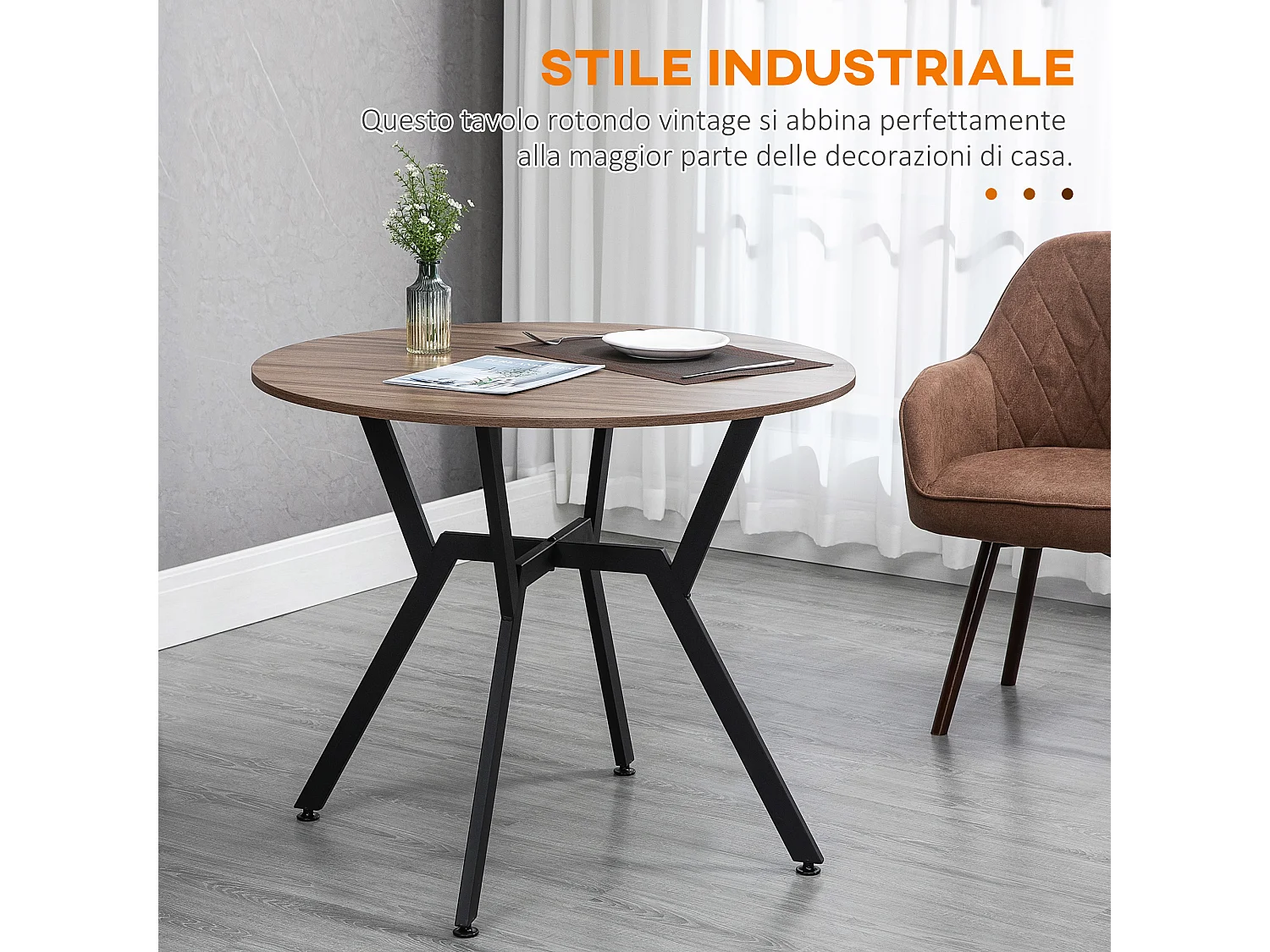 Tavolo rotondo da soggiorno per 2 in legno e acciaio nero marrone