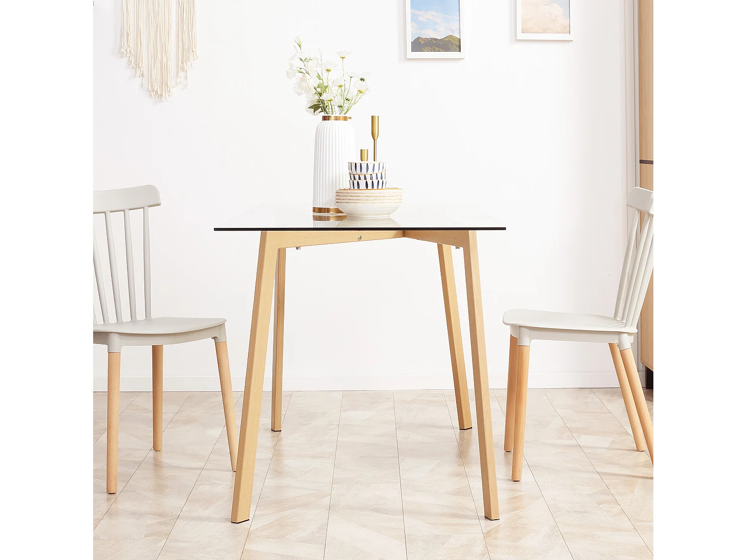 Tavolo da pranzo rettangolare per 4 persone in acciaio e vetro