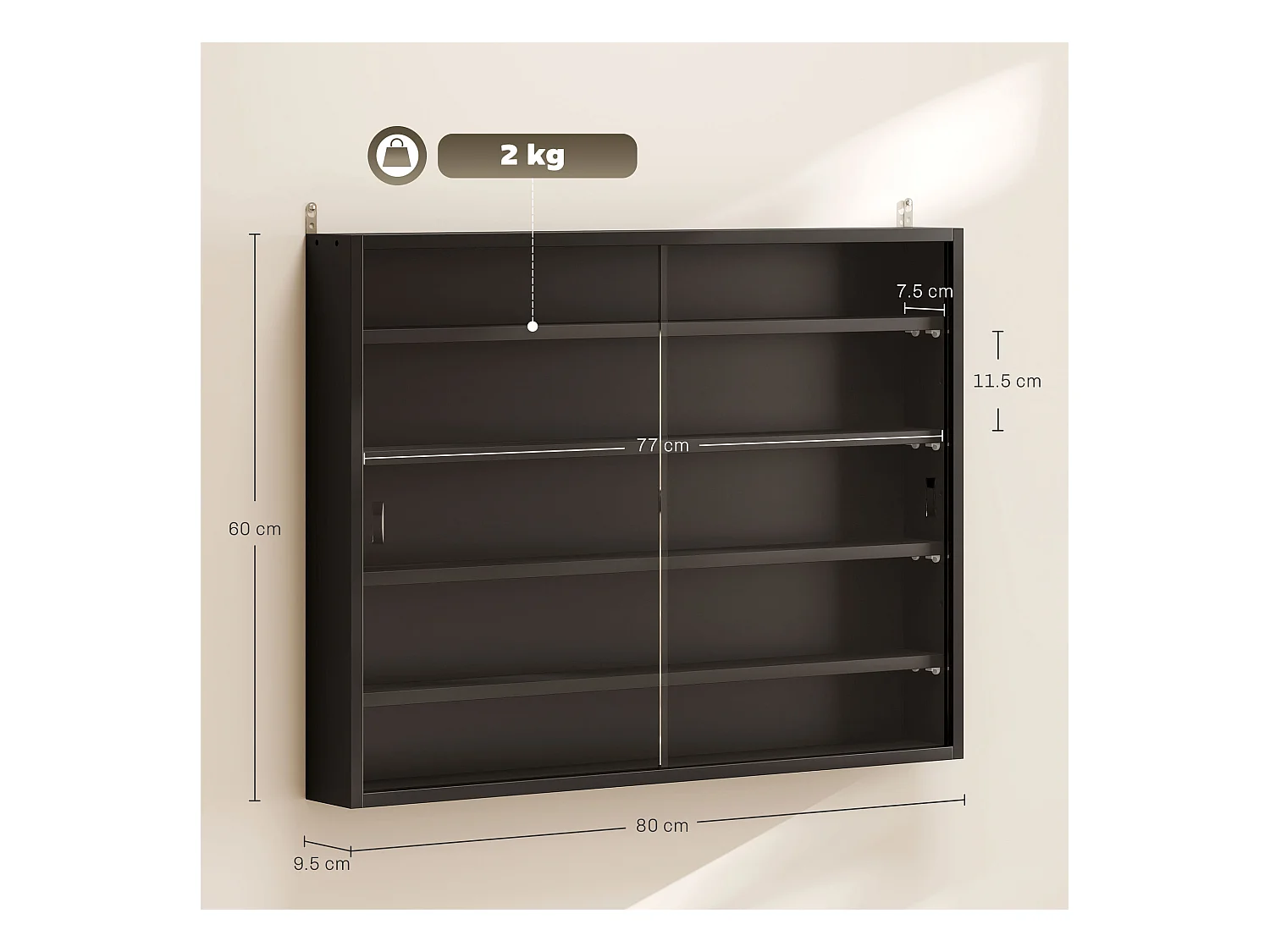 Vetrinetta per collezionismo 4 mensole regolabili 80x9.5x60cm