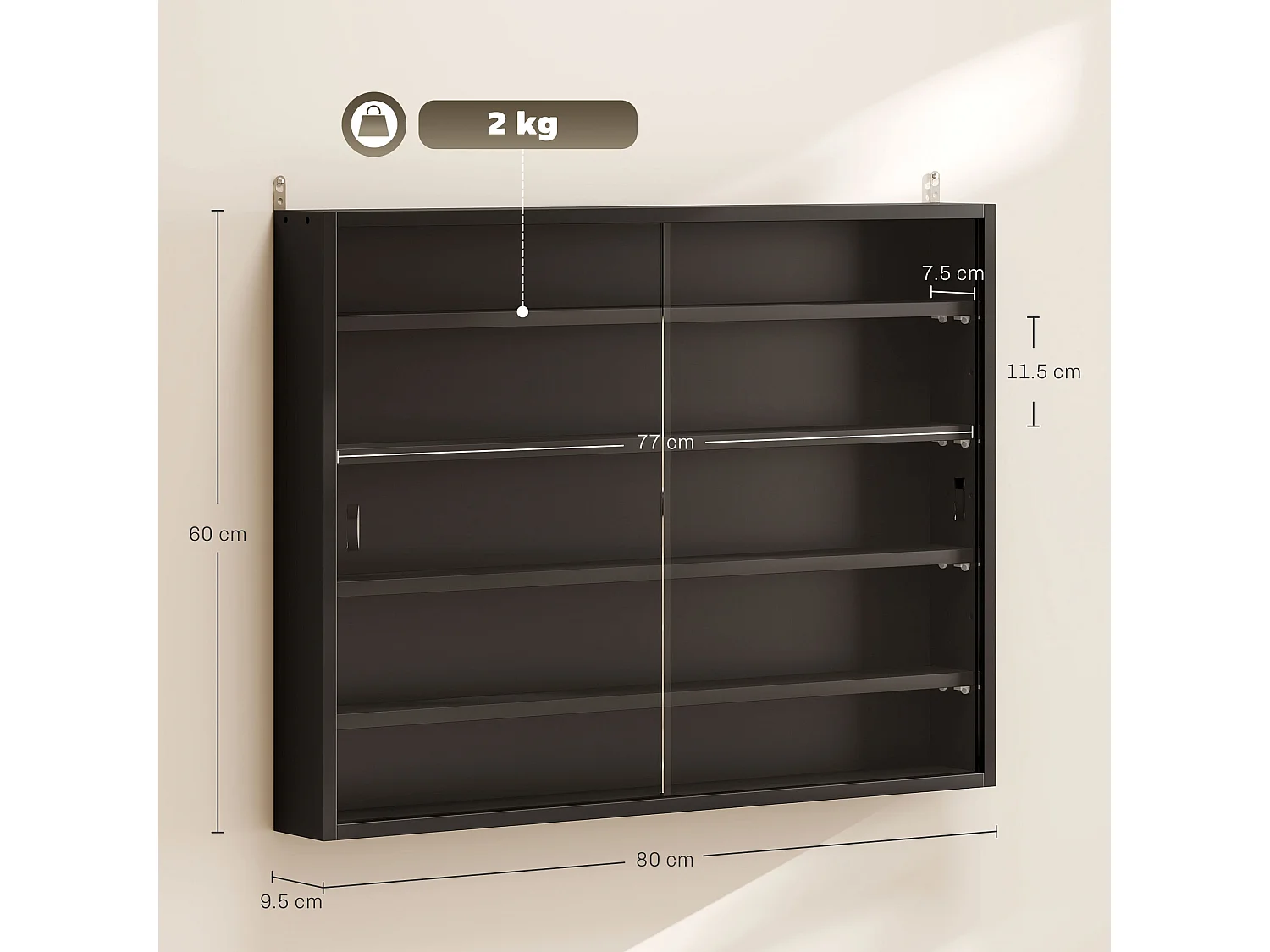 Vetrinetta per collezionismo 4 mensole regolabili 80x9.5x60cm