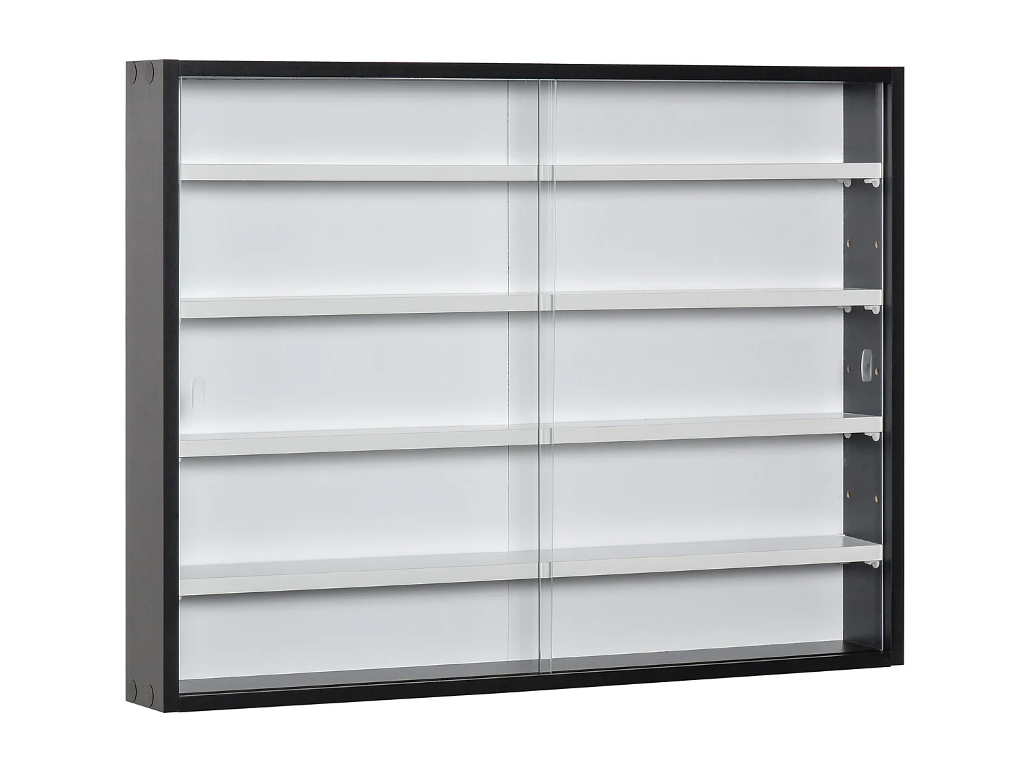 Vetrina a 5 livelli con ripiani regolabili in truciolato e vetro nero