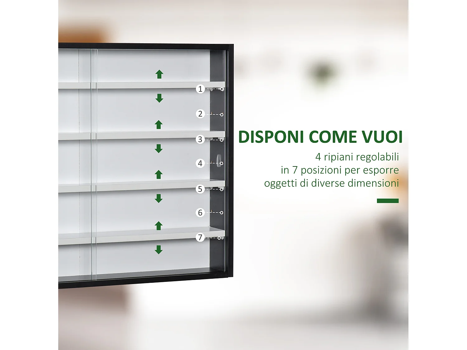 Vetrina a 5 livelli con ripiani regolabili in truciolato e vetro nero