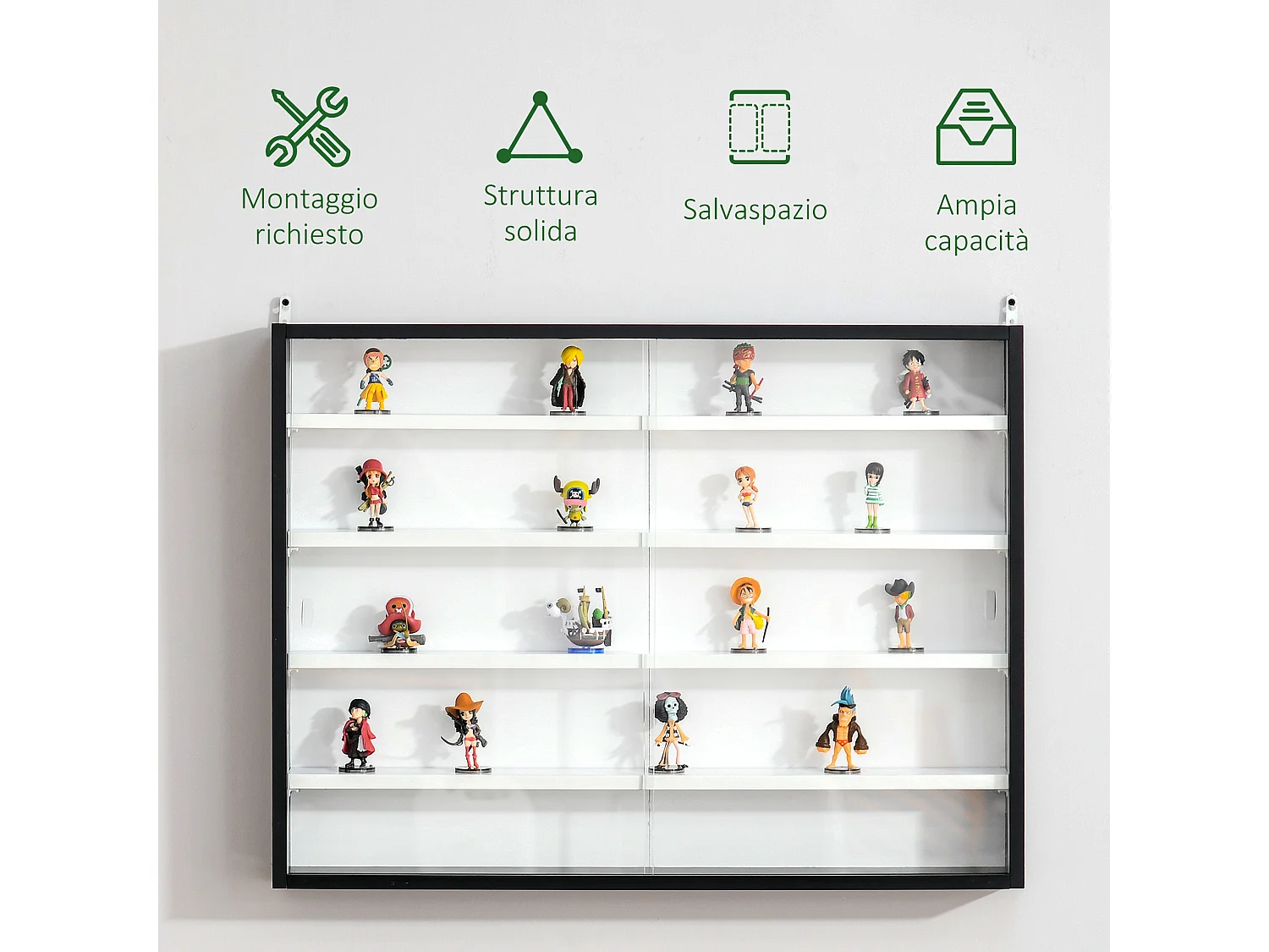 Vetrina a 5 livelli con ripiani regolabili in truciolato e vetro nero