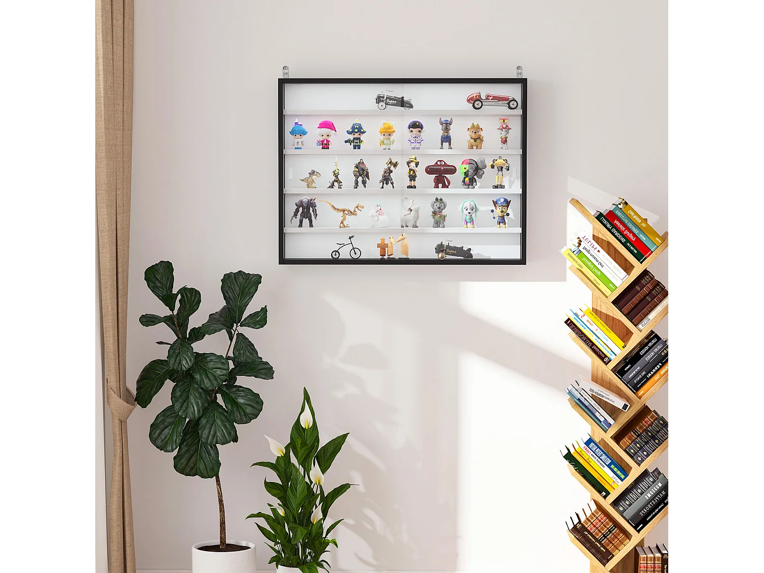 Vetrina a 5 livelli con ripiani regolabili in truciolato e vetro nero