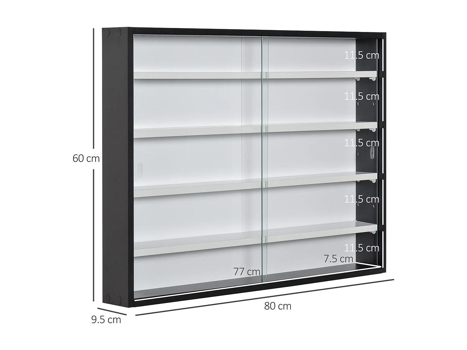 Vetrina a 5 livelli con ripiani regolabili in truciolato e vetro nero