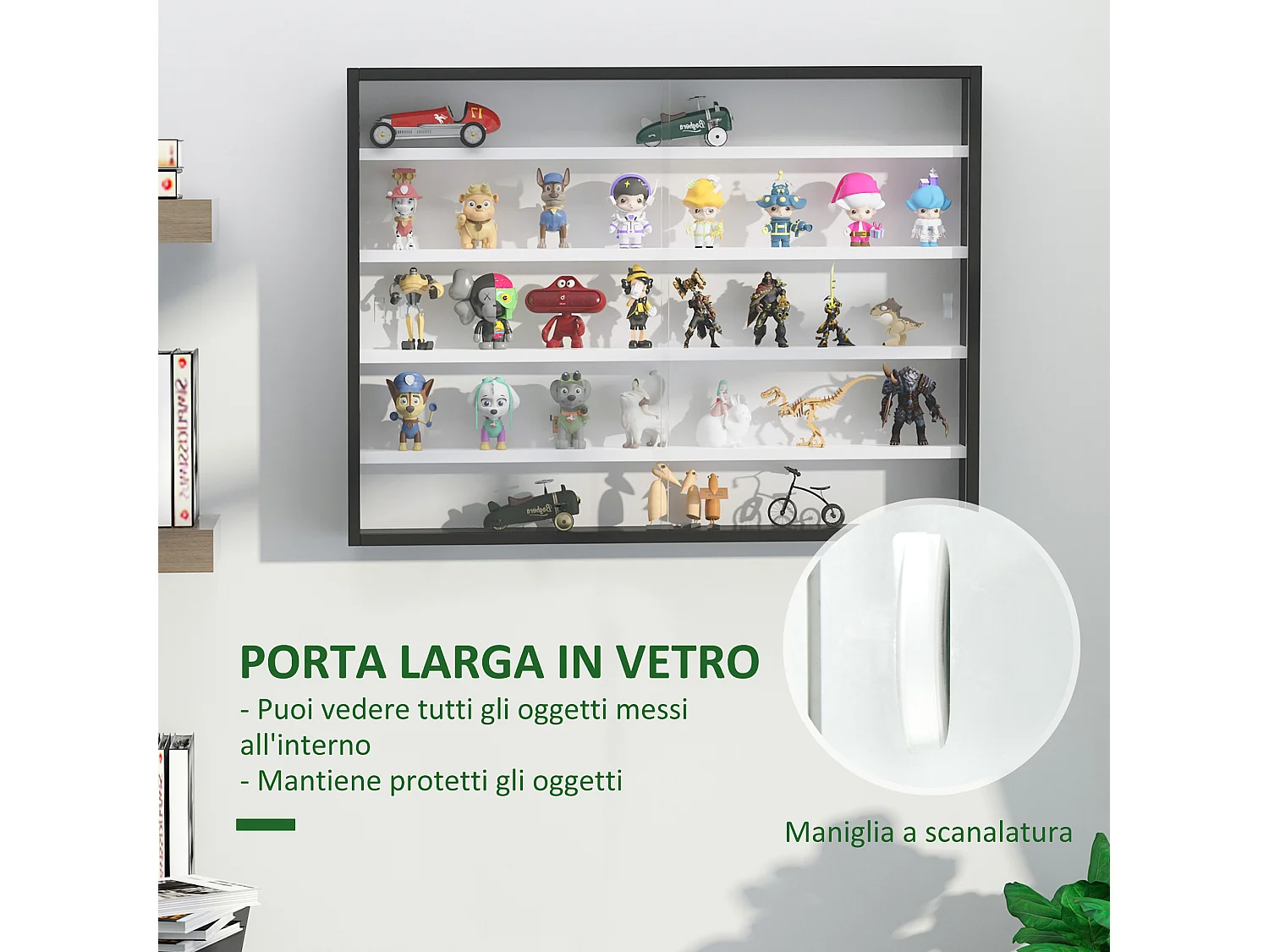 Vetrina a 5 livelli con ripiani regolabili in truciolato e vetro nero