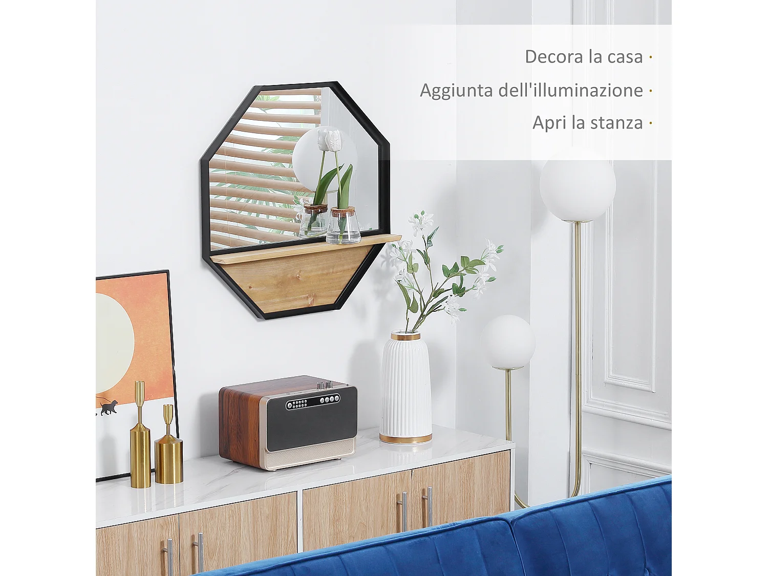 Specchio da parete ottagonale in metallo e legno 61x61cm nero