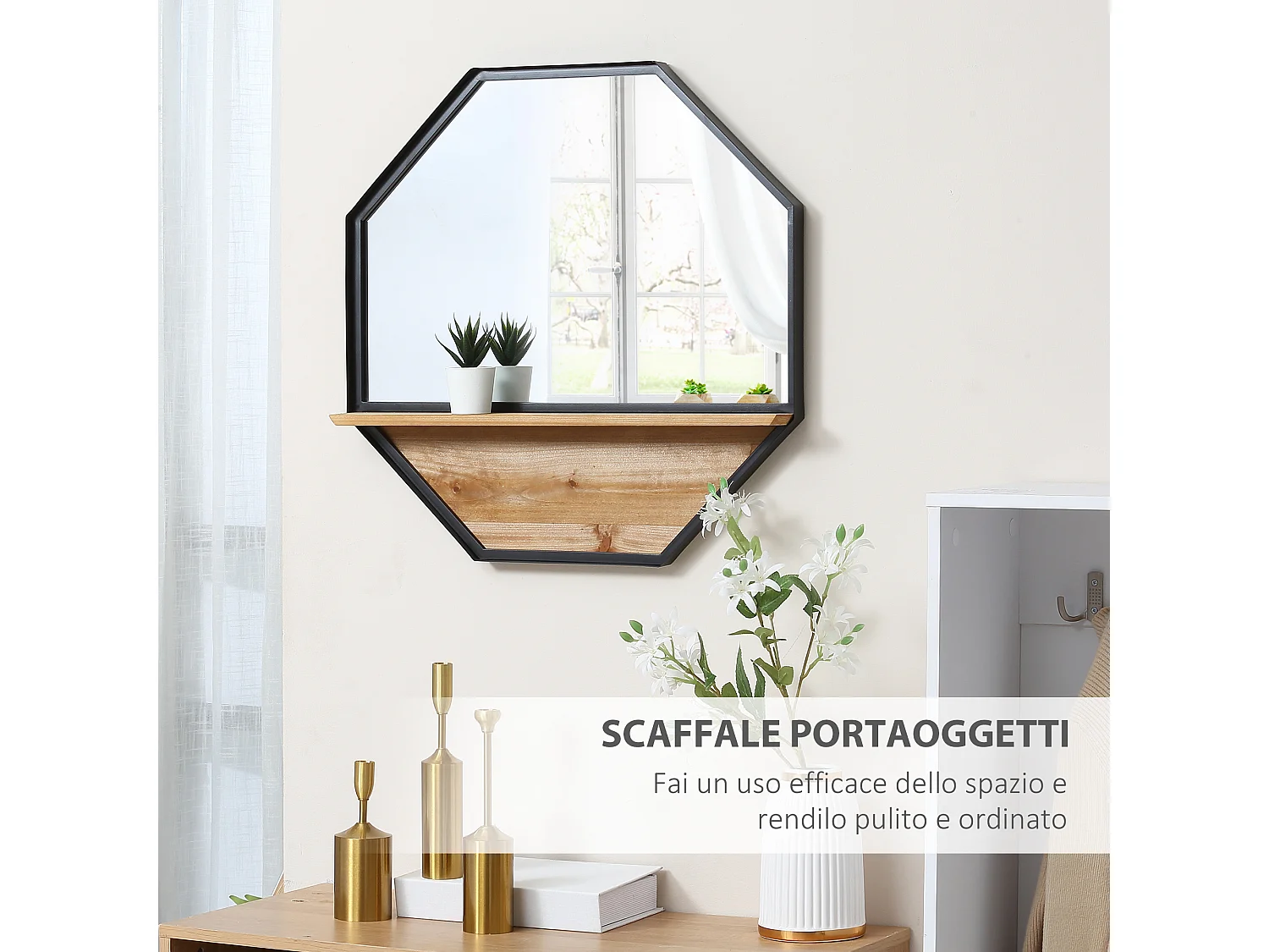 Specchio da parete ottagonale in metallo e legno 61x61cm nero