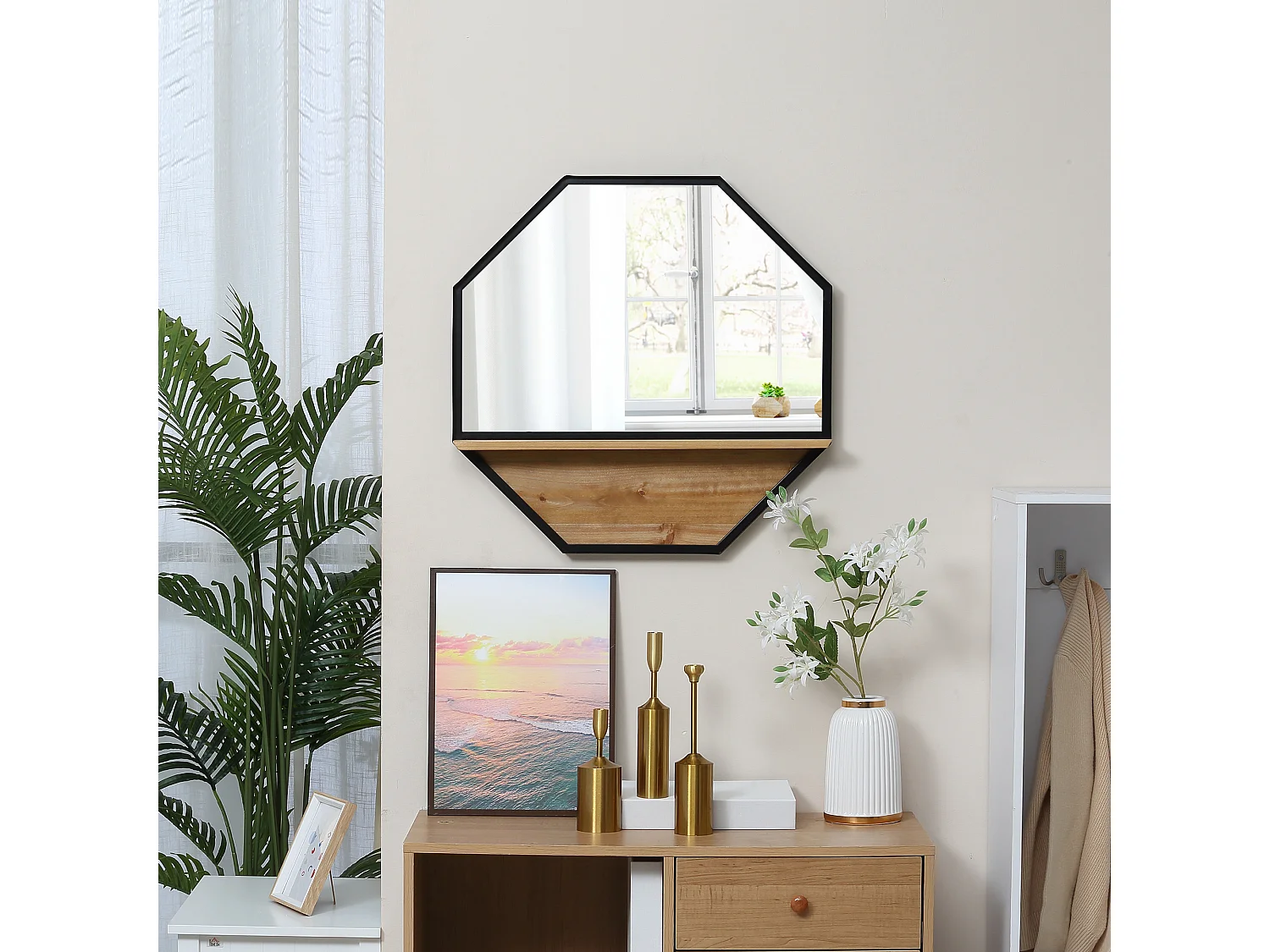 Specchio da parete ottagonale in metallo e legno 61x61cm nero