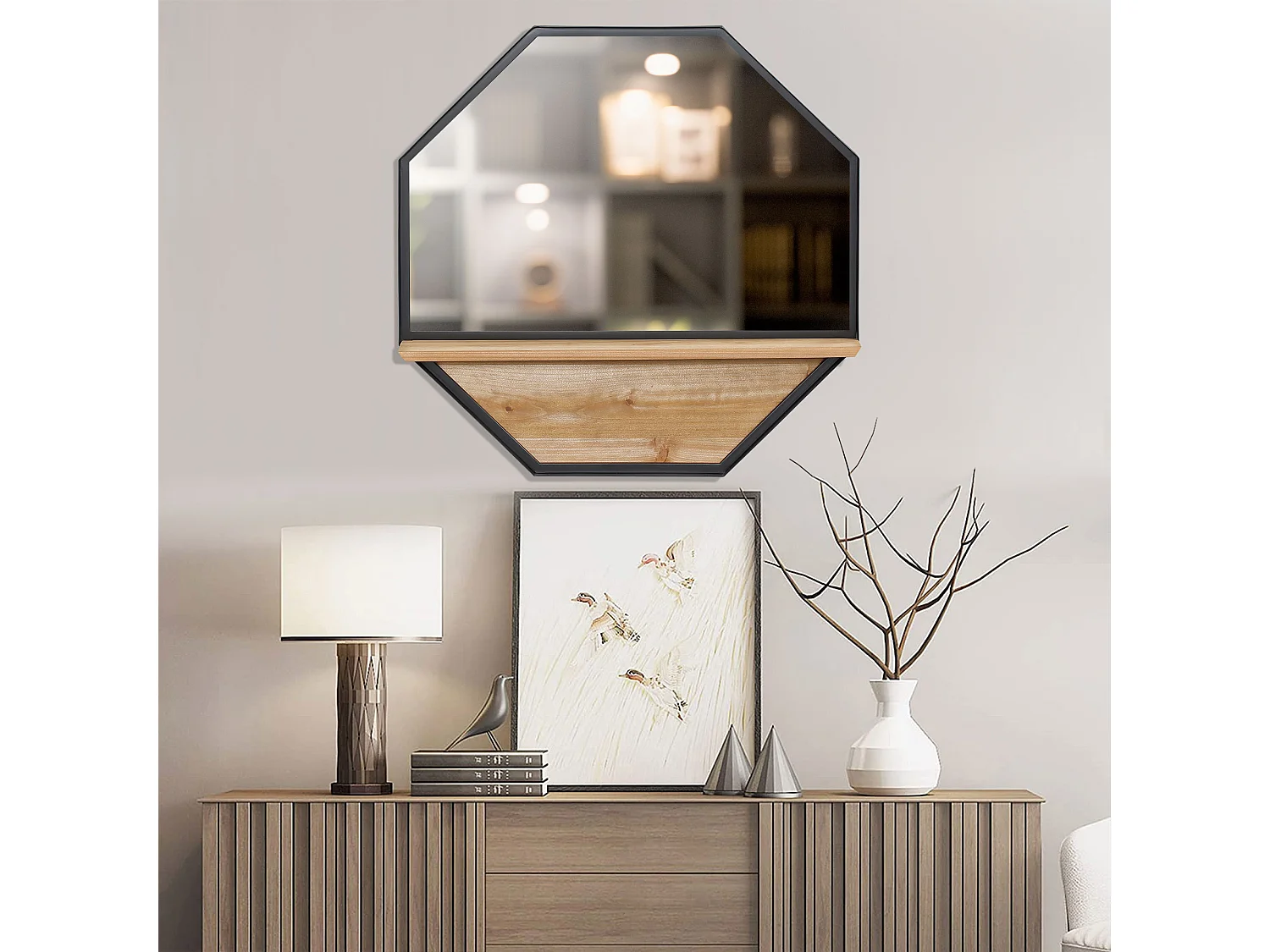 Specchio da parete ottagonale in metallo e legno 61x61cm nero