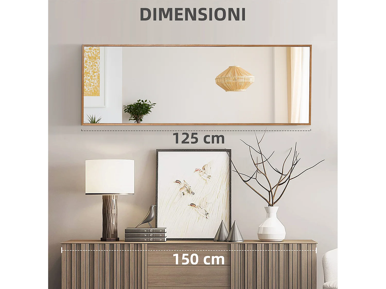 Specchio da parete in legno di pino e ganci inclusi 45x125cm