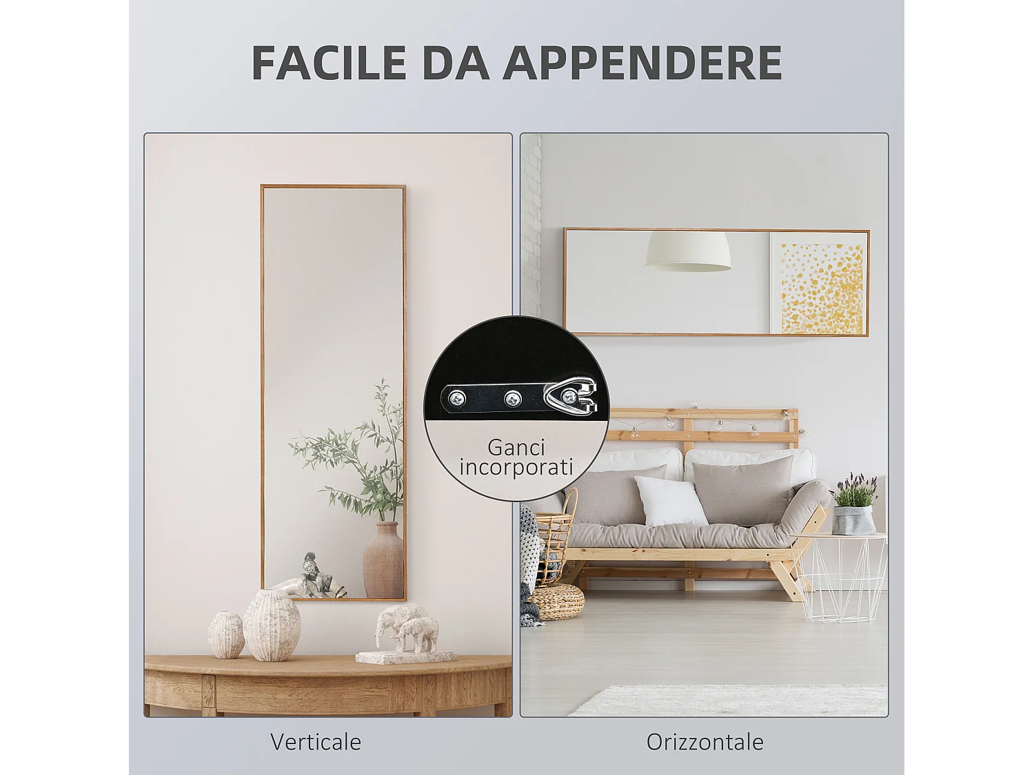 Specchio da parete in legno di pino e ganci inclusi 45x125cm