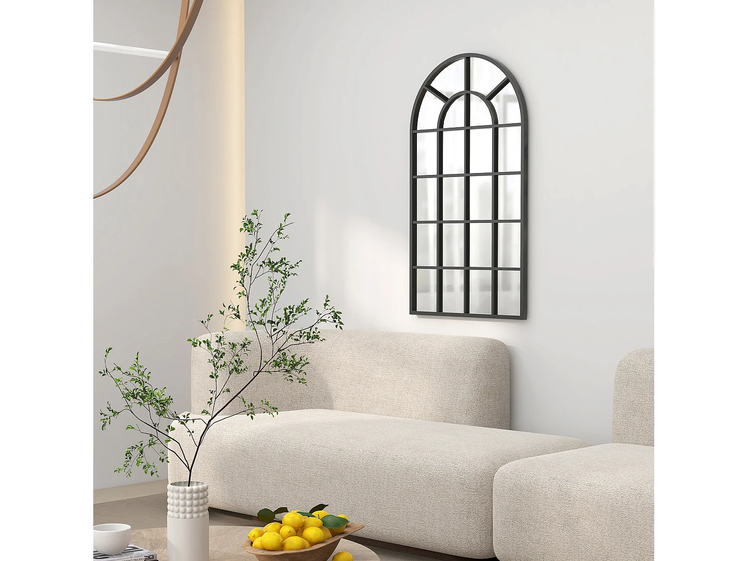 Specchio ad arco con montaggio a parete in vetro e metallo nero