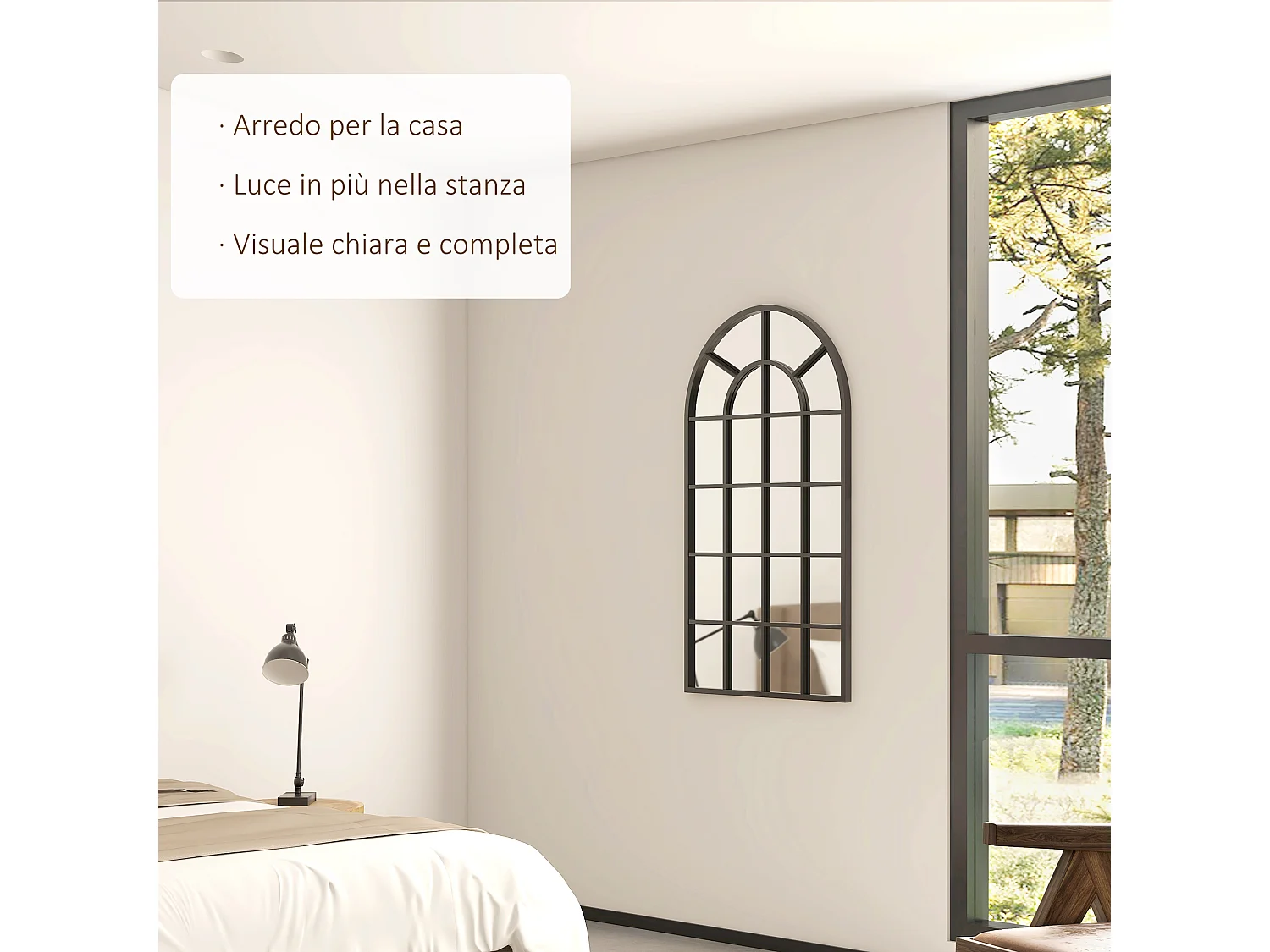 Specchio ad arco con montaggio a parete in vetro e metallo nero