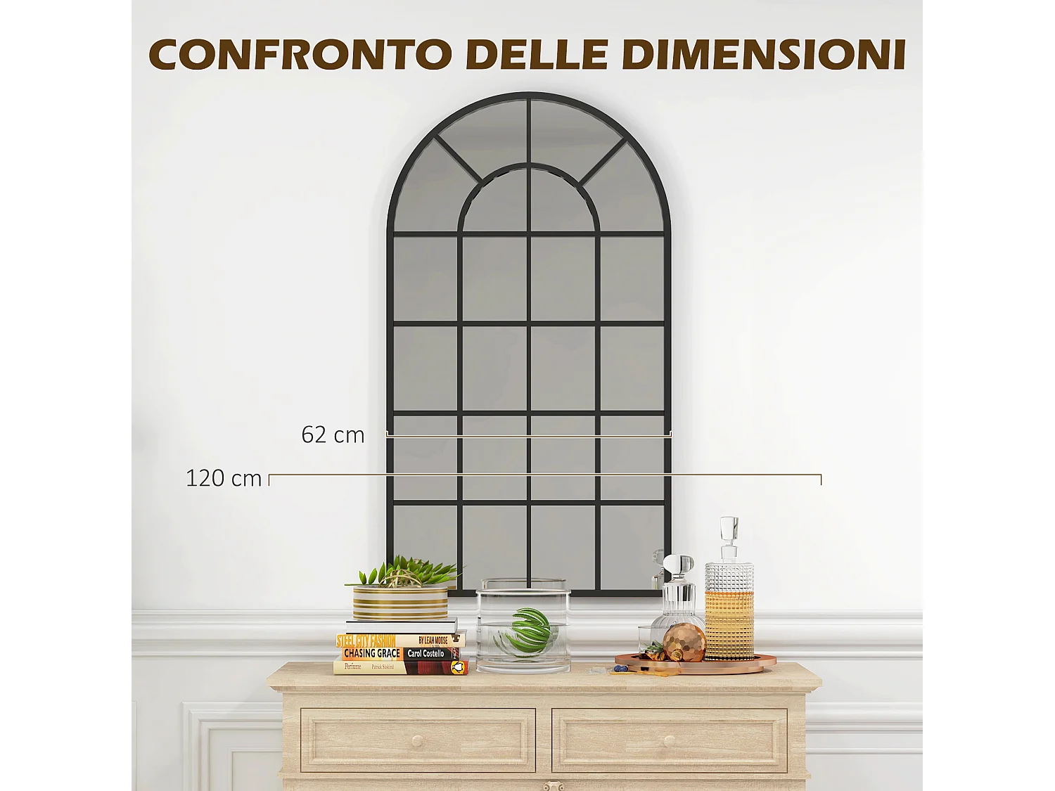 Specchio ad arco con montaggio a parete in vetro e metallo nero