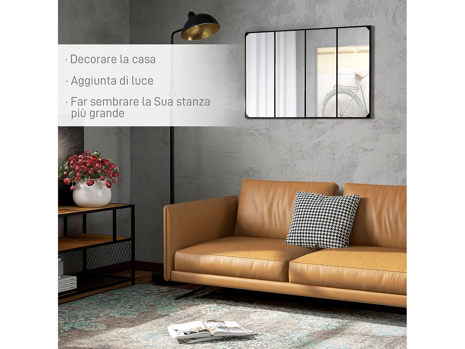 Specchio da parete in stile industriale con 4 ganci 109x2x69 cm nero