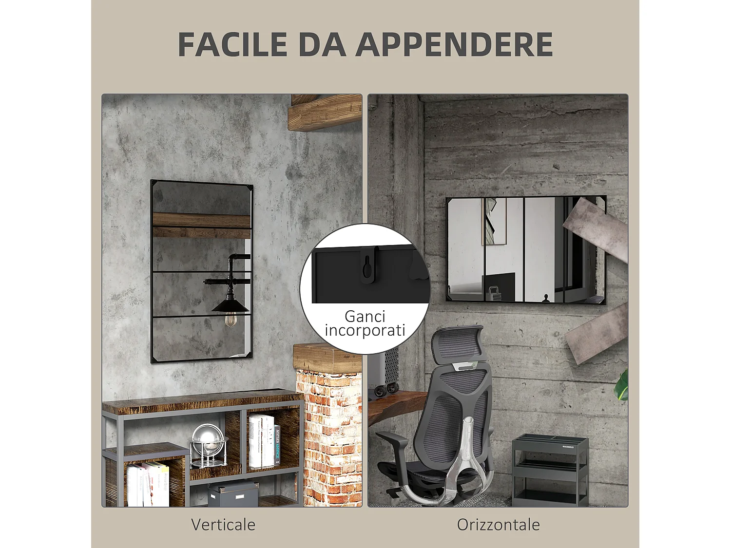 Specchio da parete in stile industriale con 4 ganci 109x2x69 cm nero