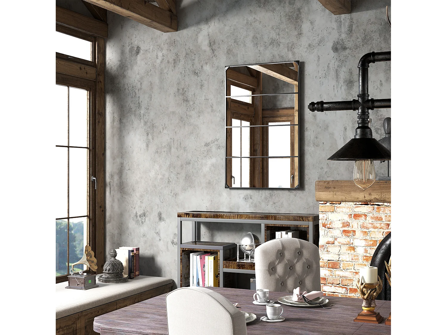 Specchio da parete in stile industriale con 4 ganci 109x2x69 cm nero