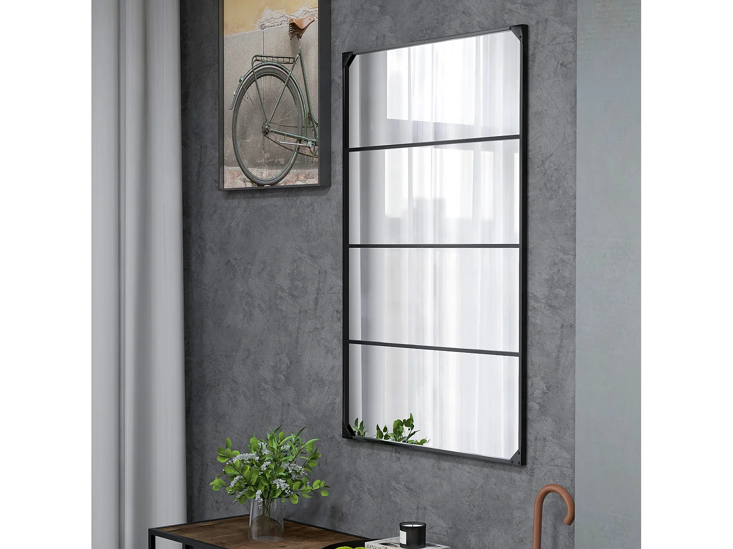 Specchio da parete in stile industriale con 4 ganci 109x2x69 cm nero