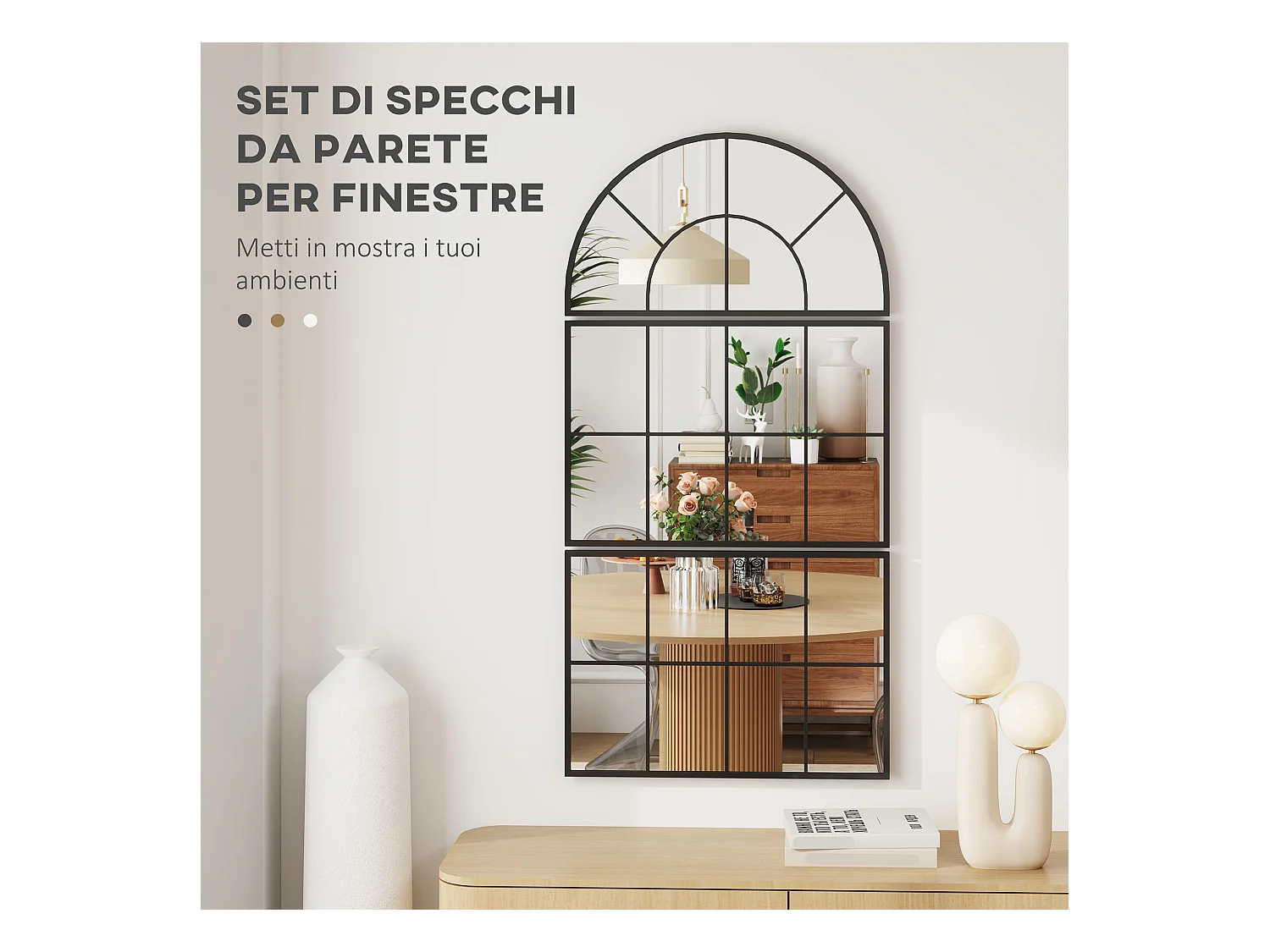 Specchio da parete ad arco stile finestra 76x43cm nero