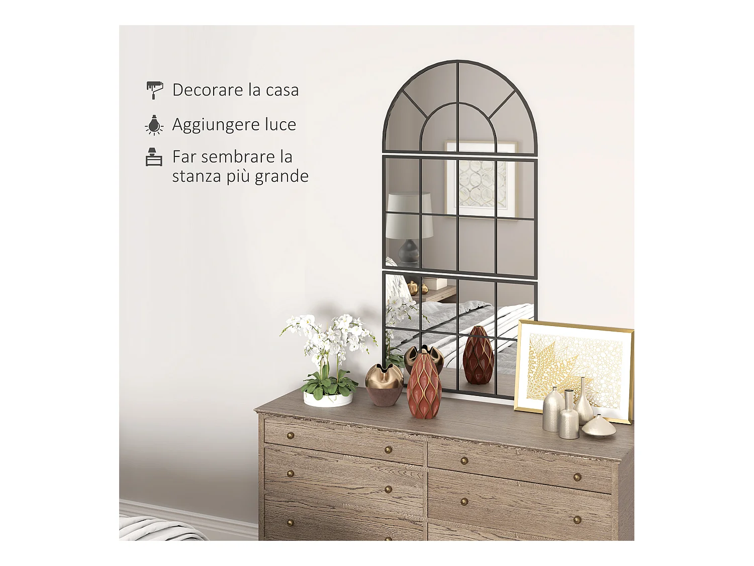 Specchio da parete ad arco stile finestra 76x43cm nero