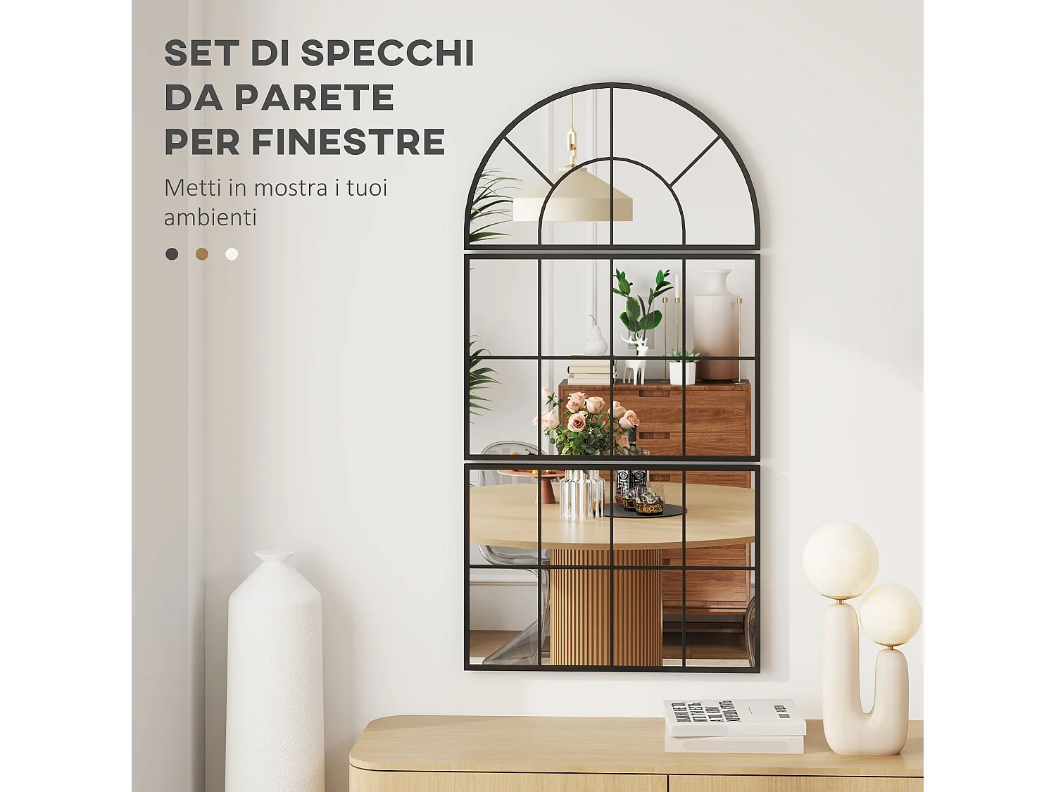 Specchio da parete ad arco stile finestra 76x43cm nero
