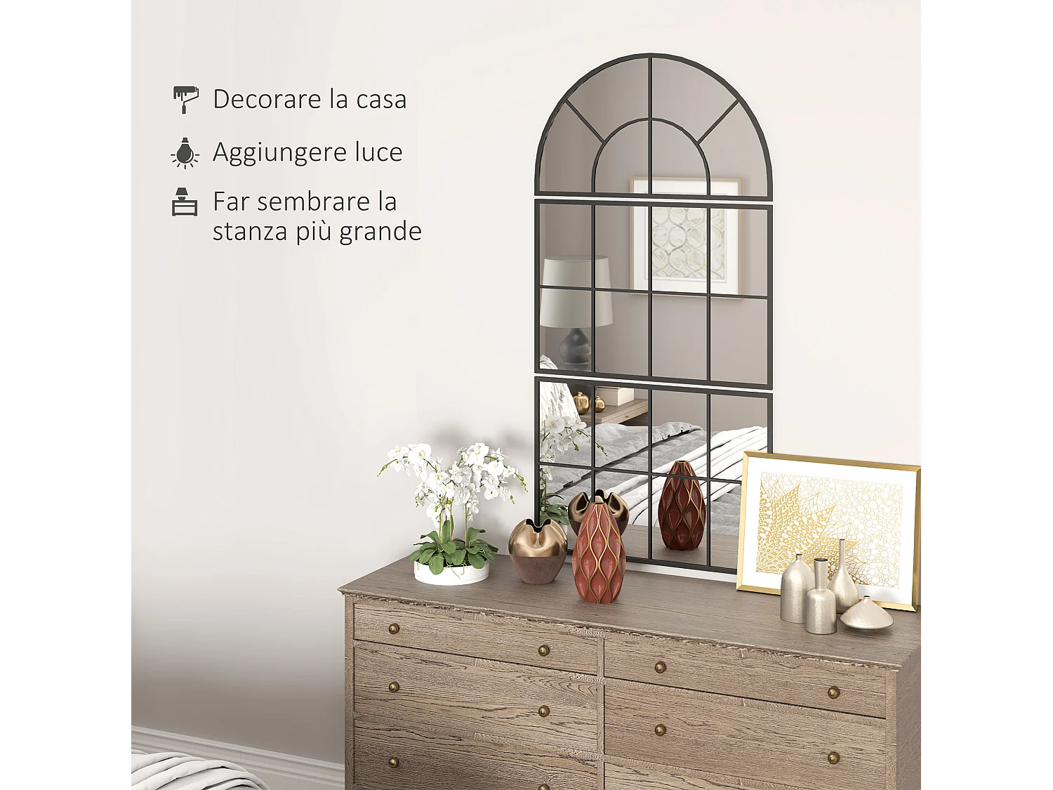Specchio da parete ad arco stile finestra 76x43cm nero