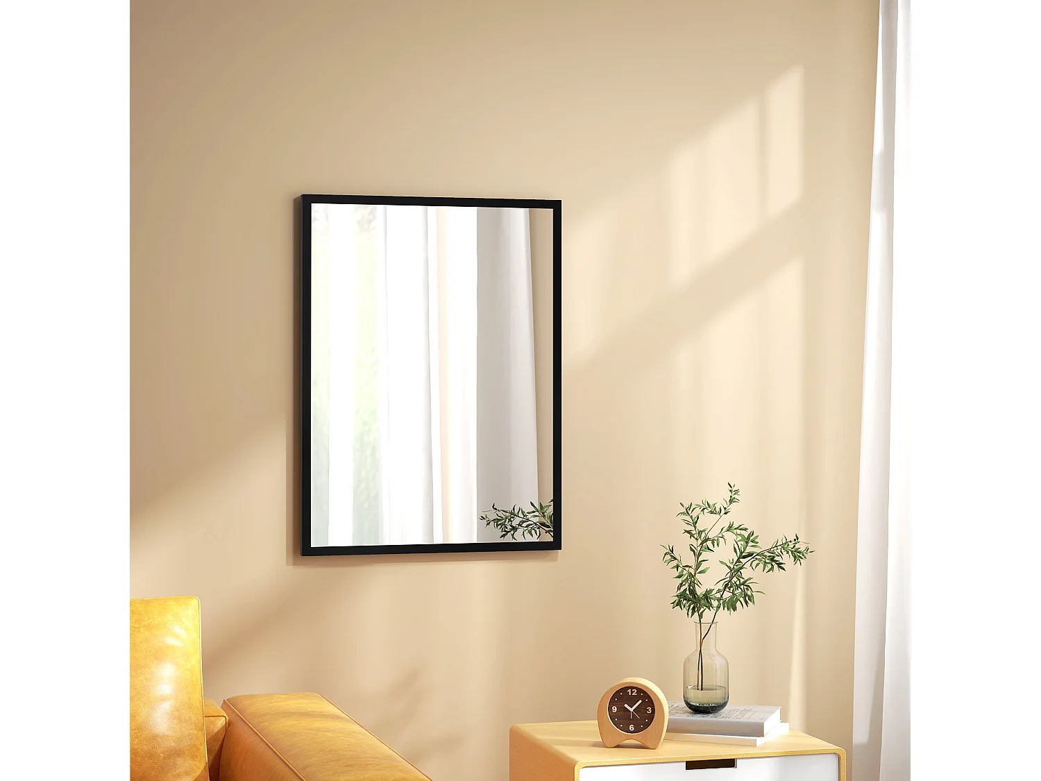 Specchio da parete rettangolare in vetro e mdf con ganci nero