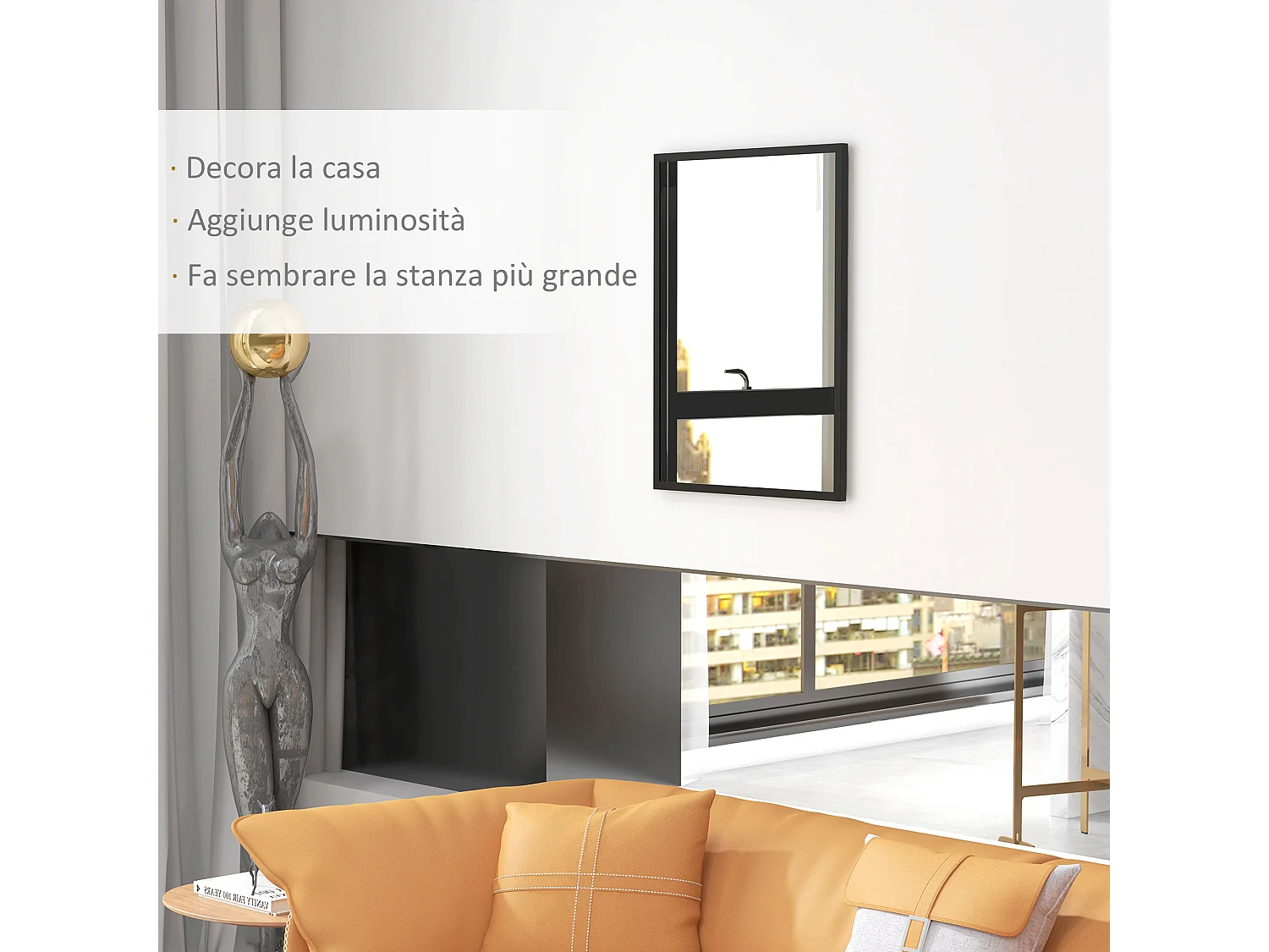 Specchio da parete rettangolare in vetro e mdf con ganci nero