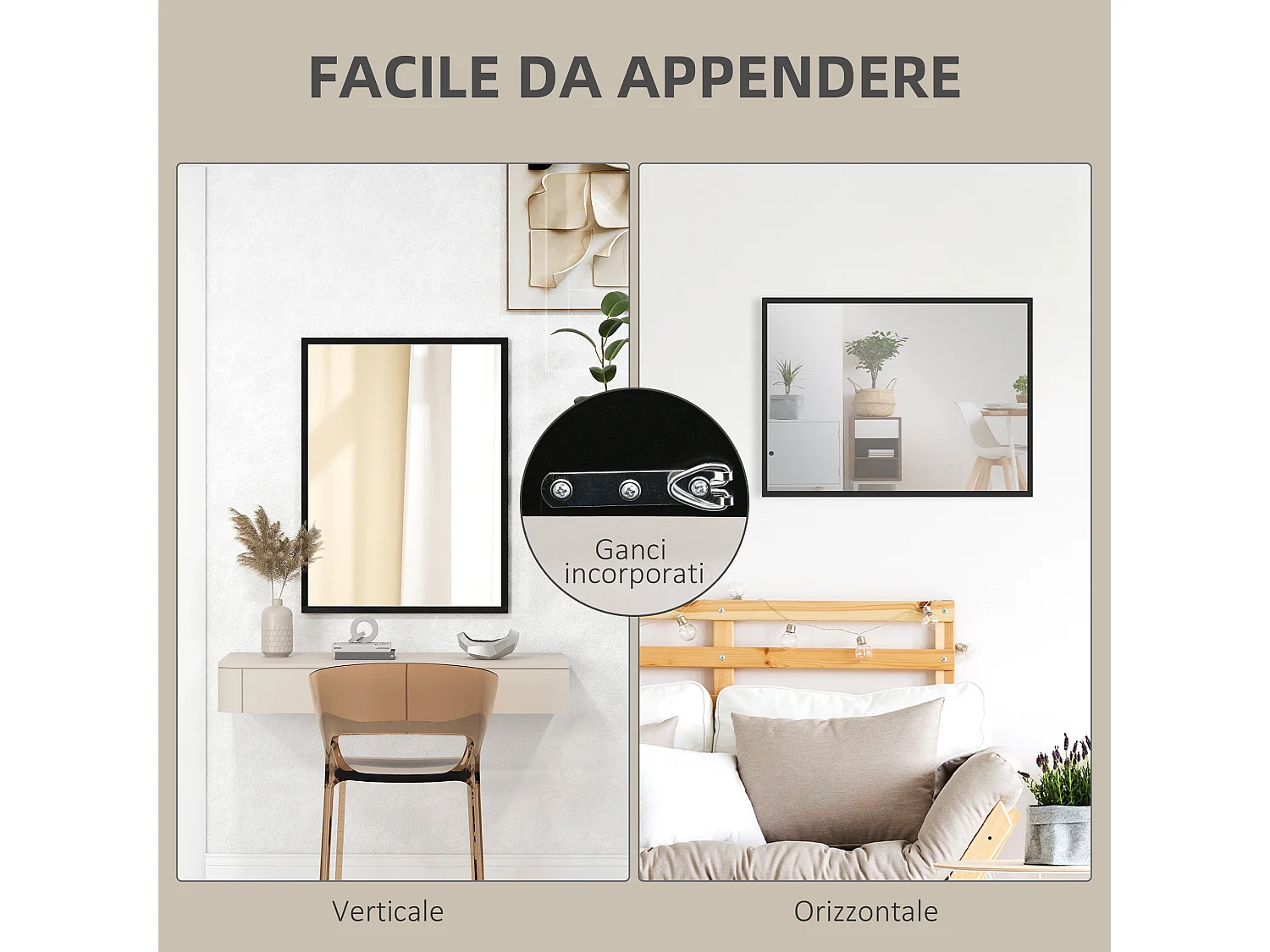 Specchio da parete rettangolare in vetro e mdf con ganci nero