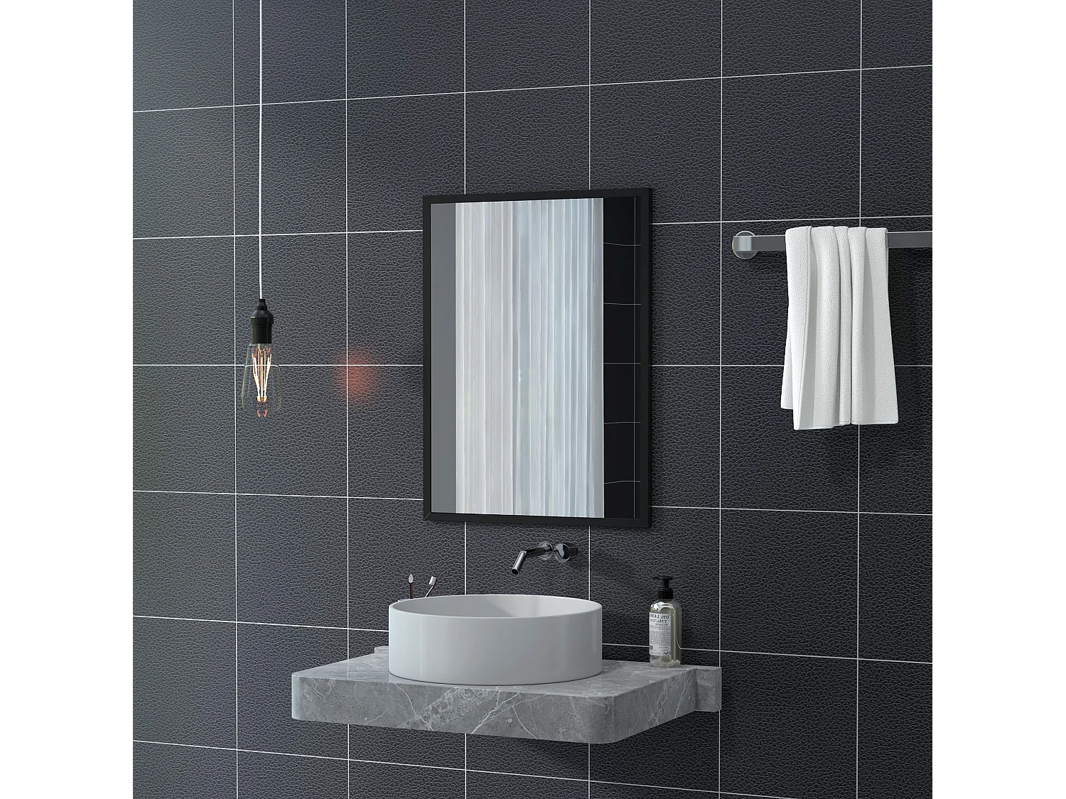 Specchio da parete rettangolare in vetro e mdf con ganci nero