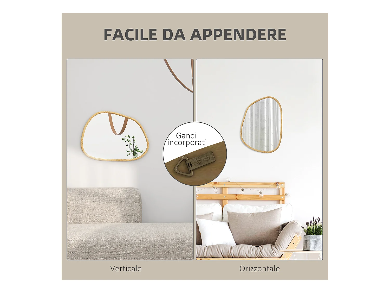 Specchio da parete moderno con bordi irregolari 80x60 cm colore legno