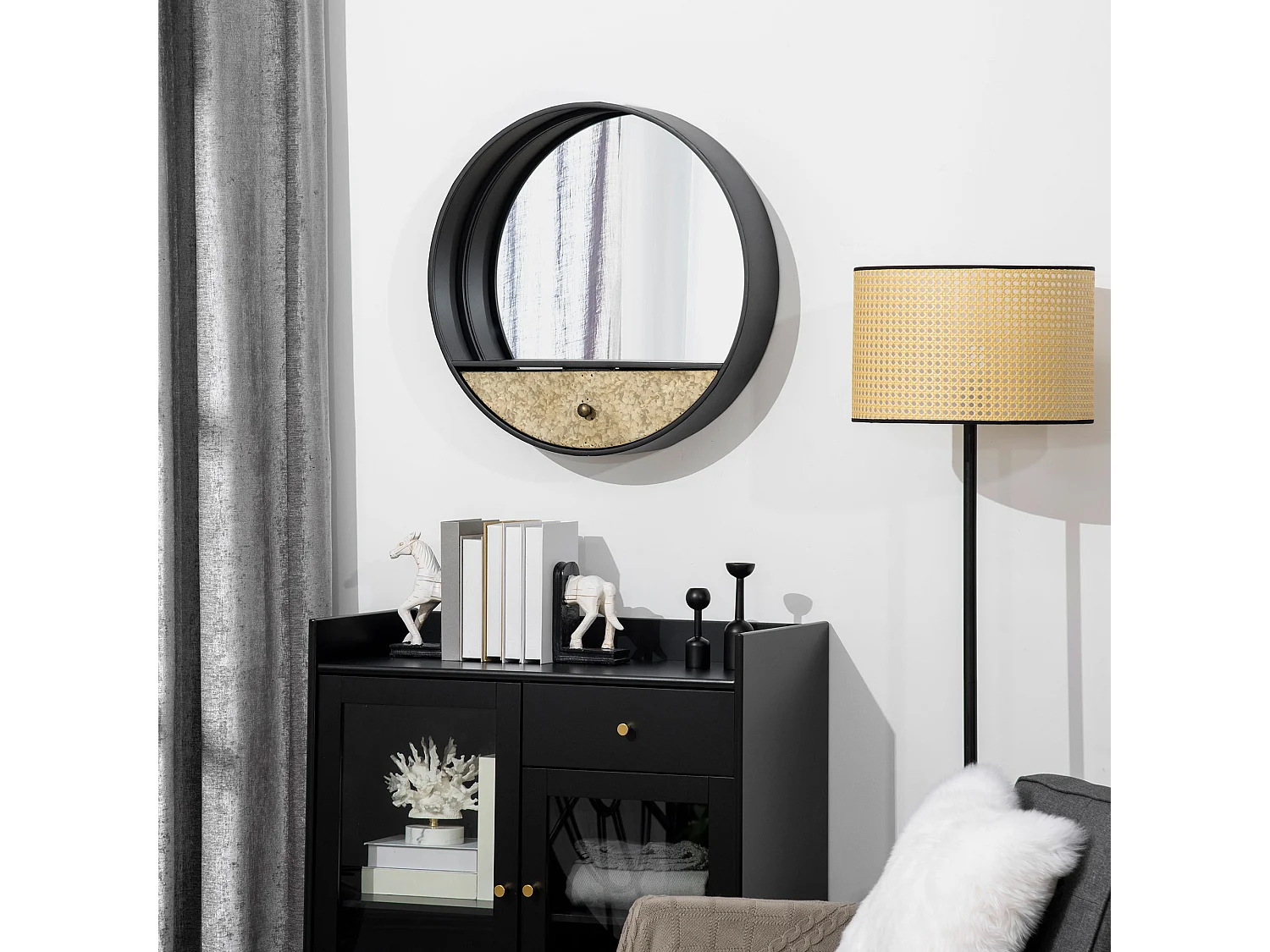 Specchio da parete rotondo da ø61cm con cassetto e cornice nero