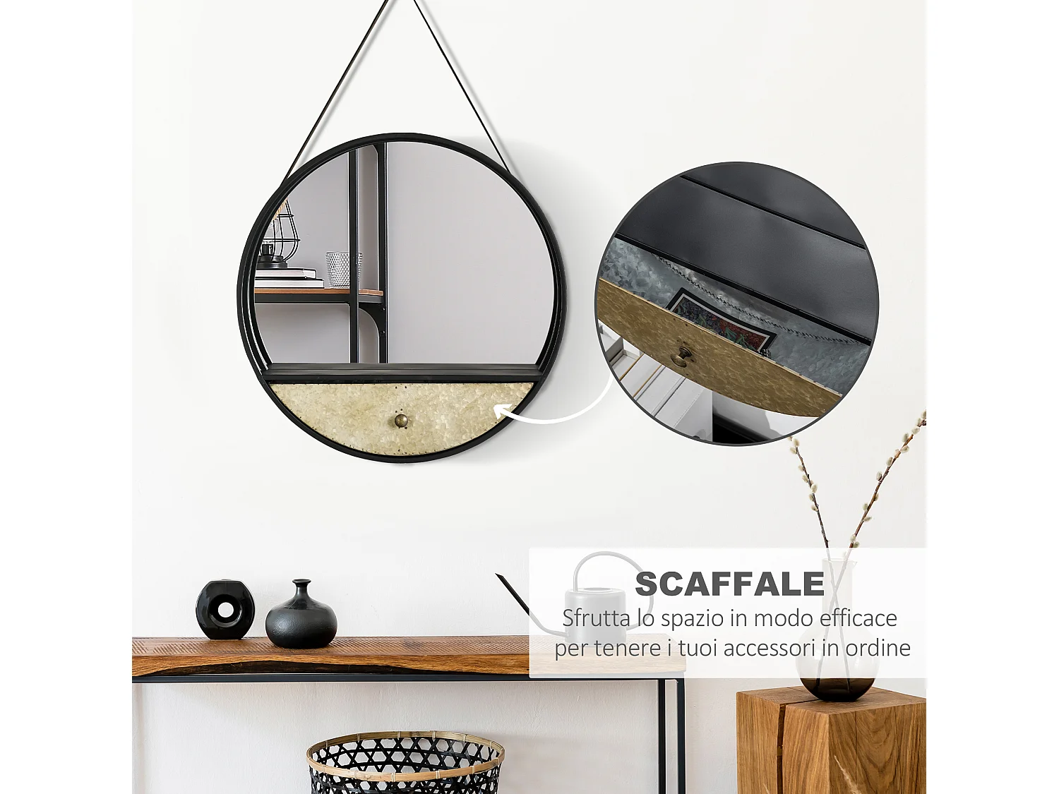 Specchio da parete rotondo da ø61cm con cassetto e cornice nero