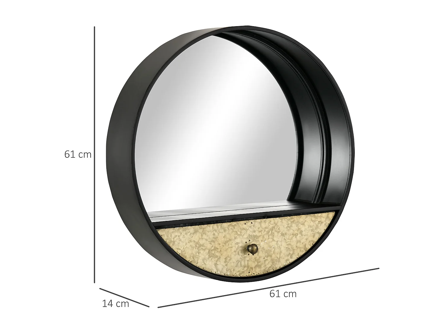 Specchio da parete rotondo da ø61cm con cassetto e cornice nero