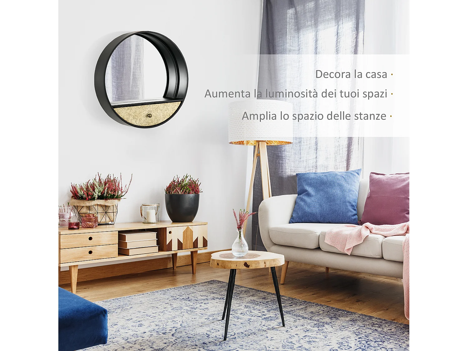 Specchio da parete rotondo da ø61cm con cassetto e cornice nero