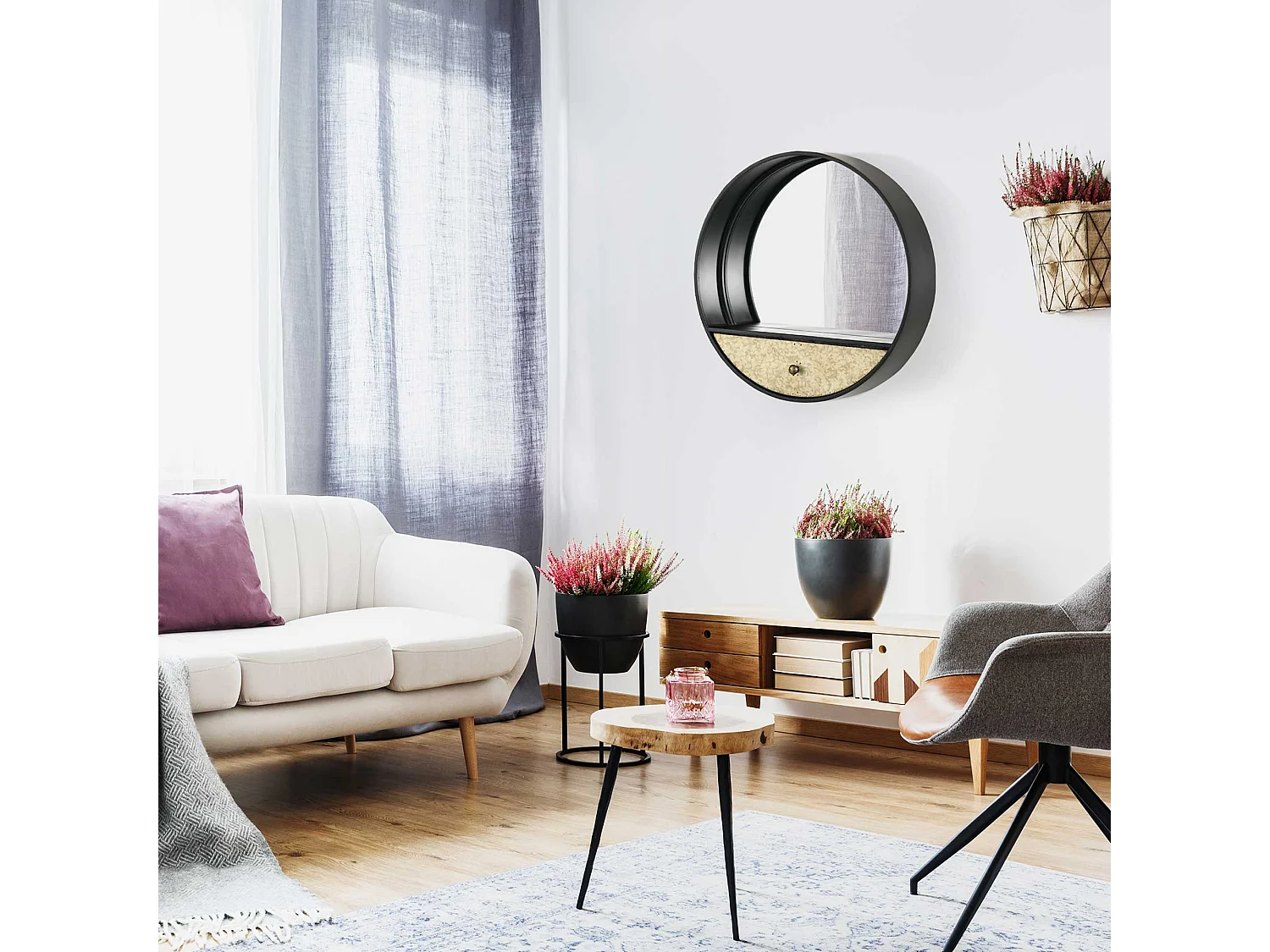 Specchio da parete rotondo da ø61cm con cassetto e cornice nero