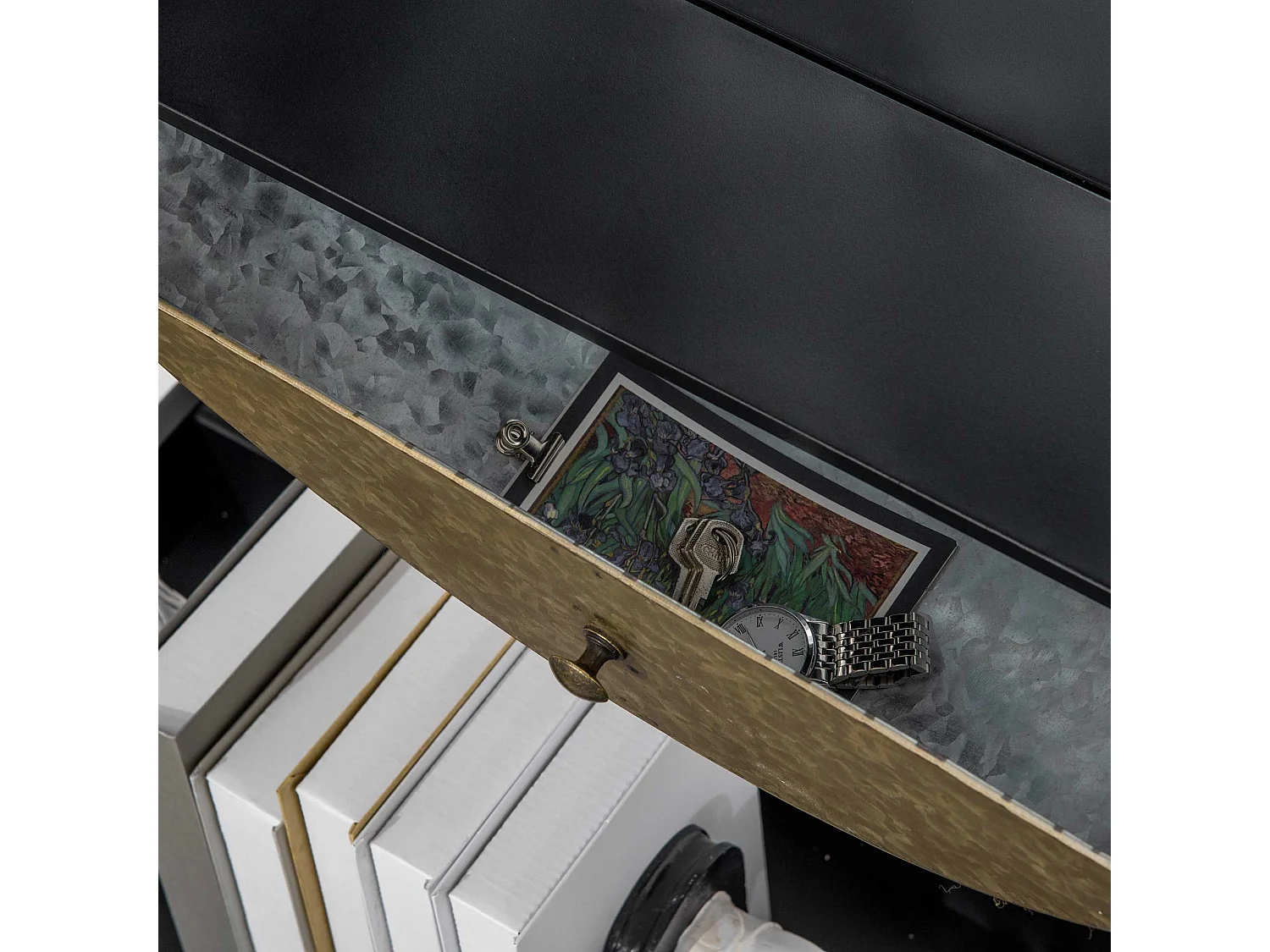 Specchio da parete rotondo da ø61cm con cassetto e cornice nero