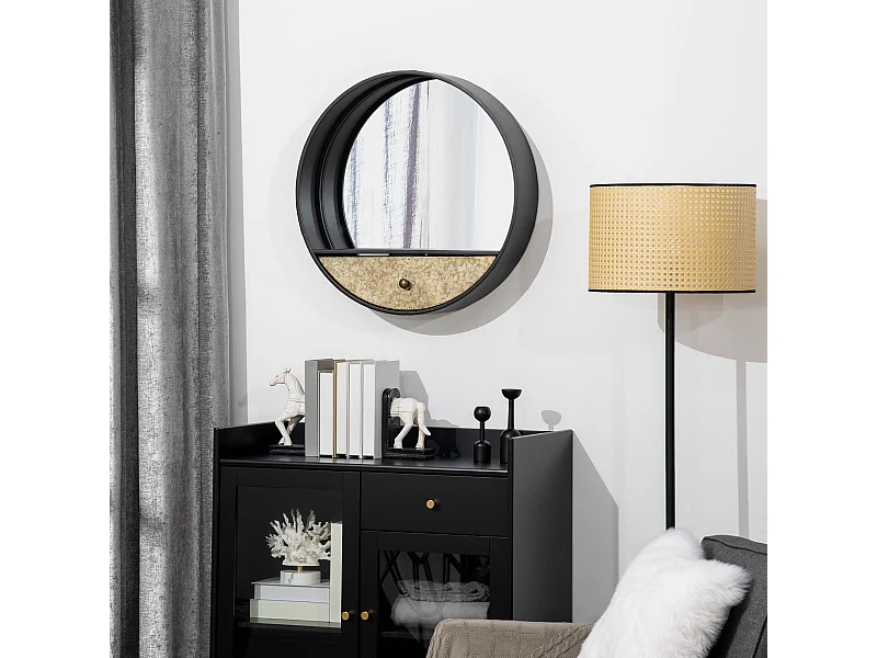 Specchio da parete rotondo da ø61cm con cassetto e cornice nero