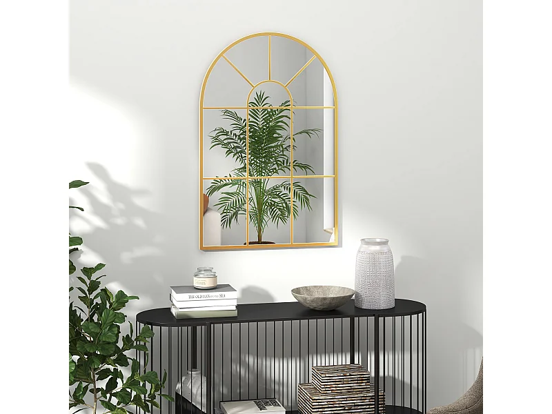 Specchio da parete ad arco stile moderno in vetro e metallo oro